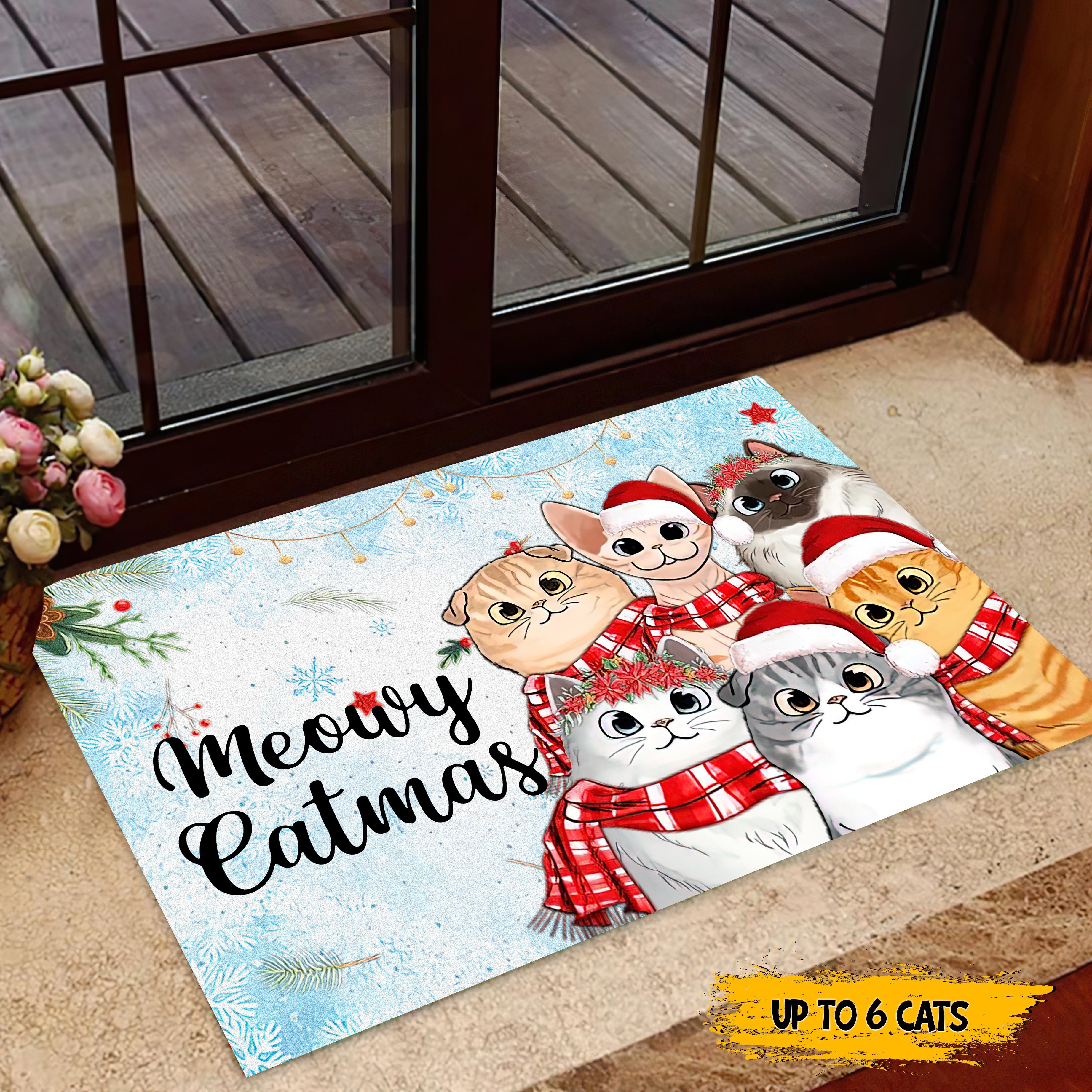 Meowy Catmas Cute Peeking Fluffy Cat Christmas Personalized Doormat