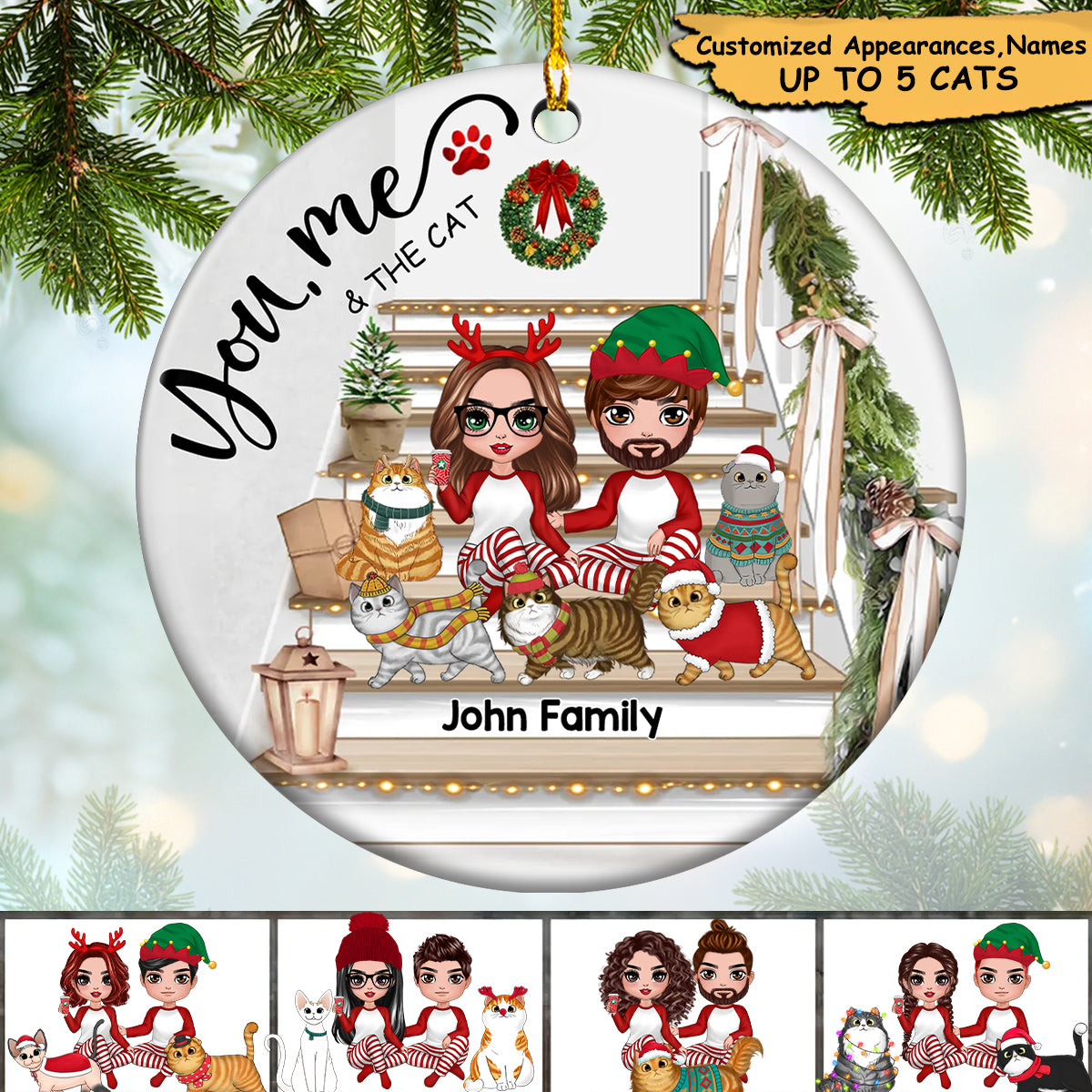Wife & Husband, Doll Couple Sitting With Cats Christmas Personalized Ornament