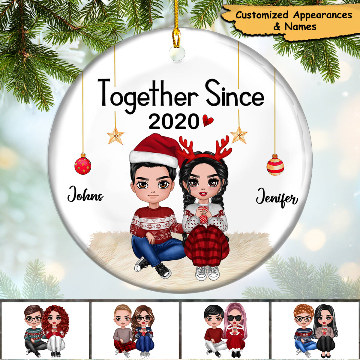 Doll Couple Sitting Christmas Gift For Him For Her Personalized Circle Ornament
