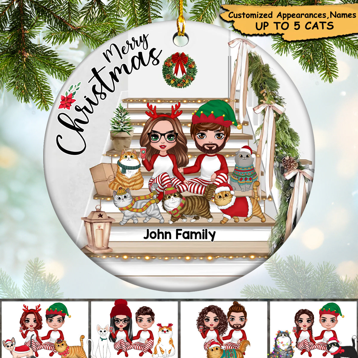 Wife & Husband, Doll Couple Sitting With Cats Christmas Personalized Ornament