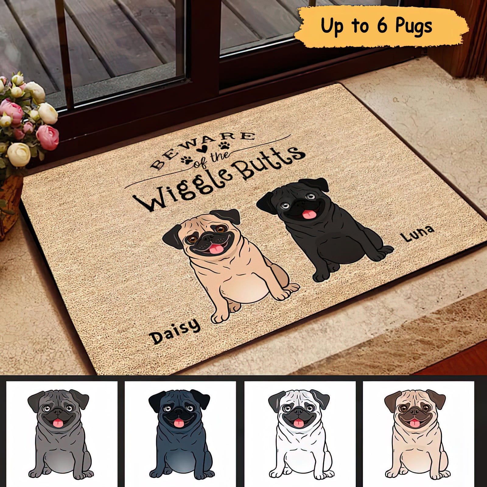 Pug Wiggle Butt Club Dog Personalized Doormat