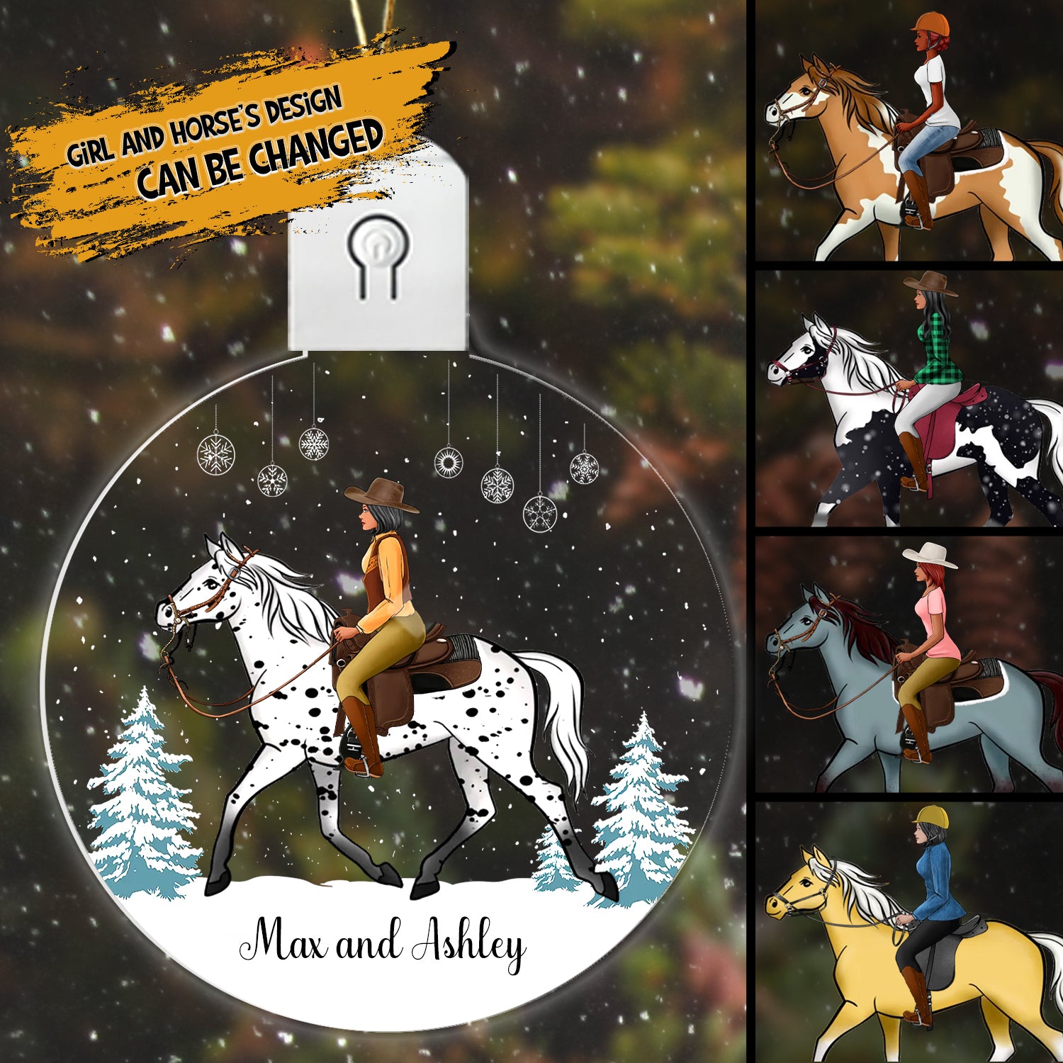 Girl Riding Horse In Snow Personalized Circle Led Ornament