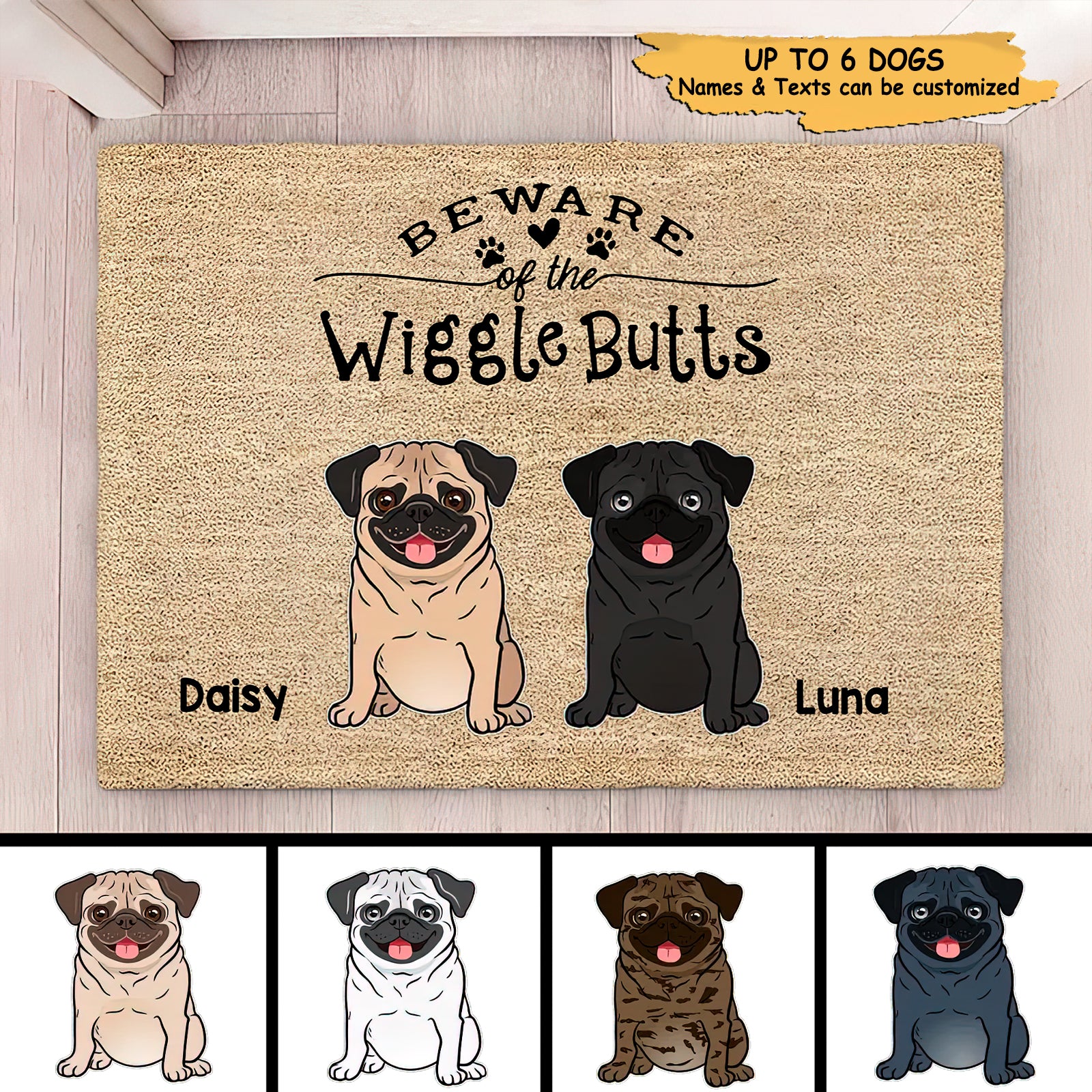 Pug Wiggle Butt Club Dog Personalized Doormat