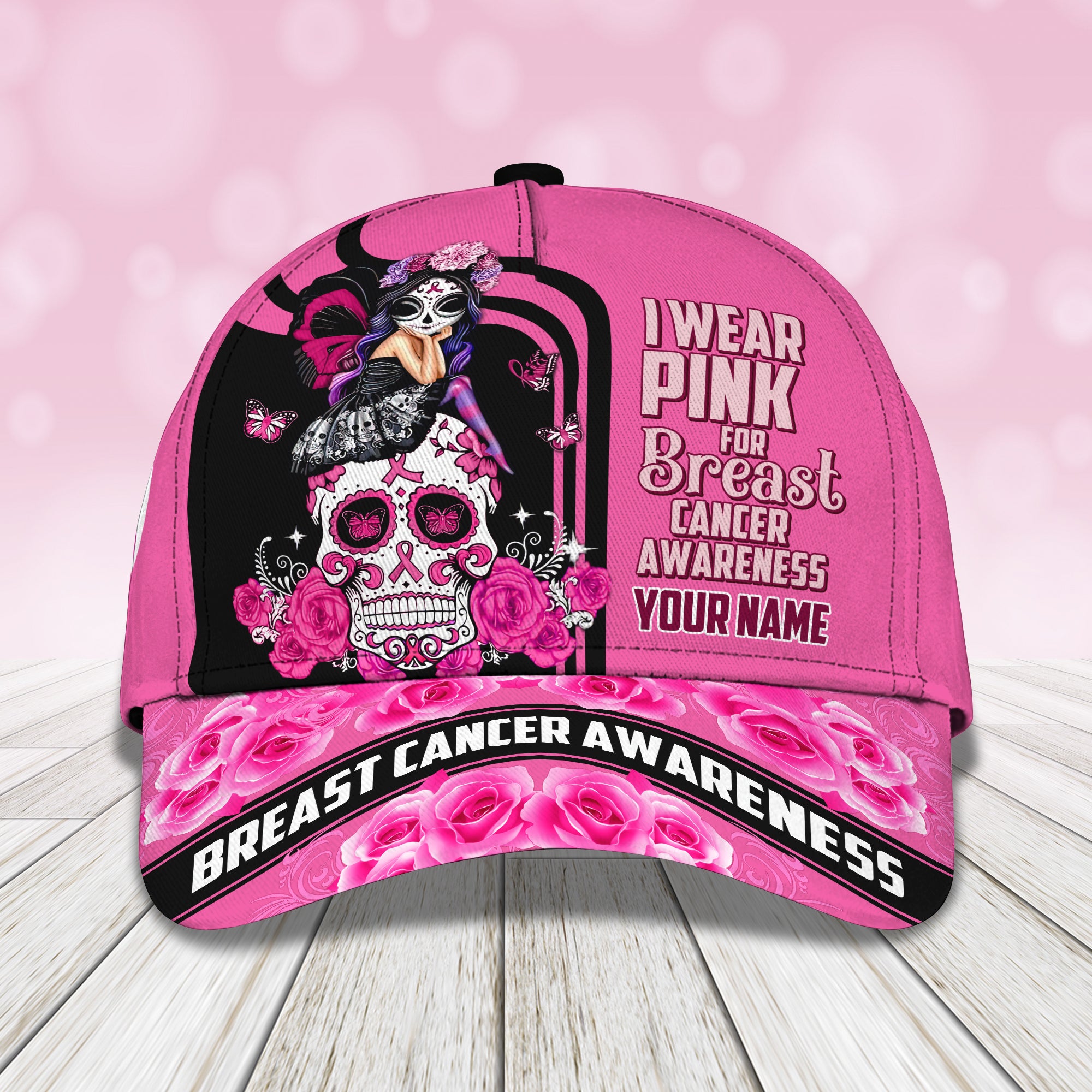 I Wear Pink For Breast Cancer Awareness- Personalized Name Cap - Loop- T2k-270