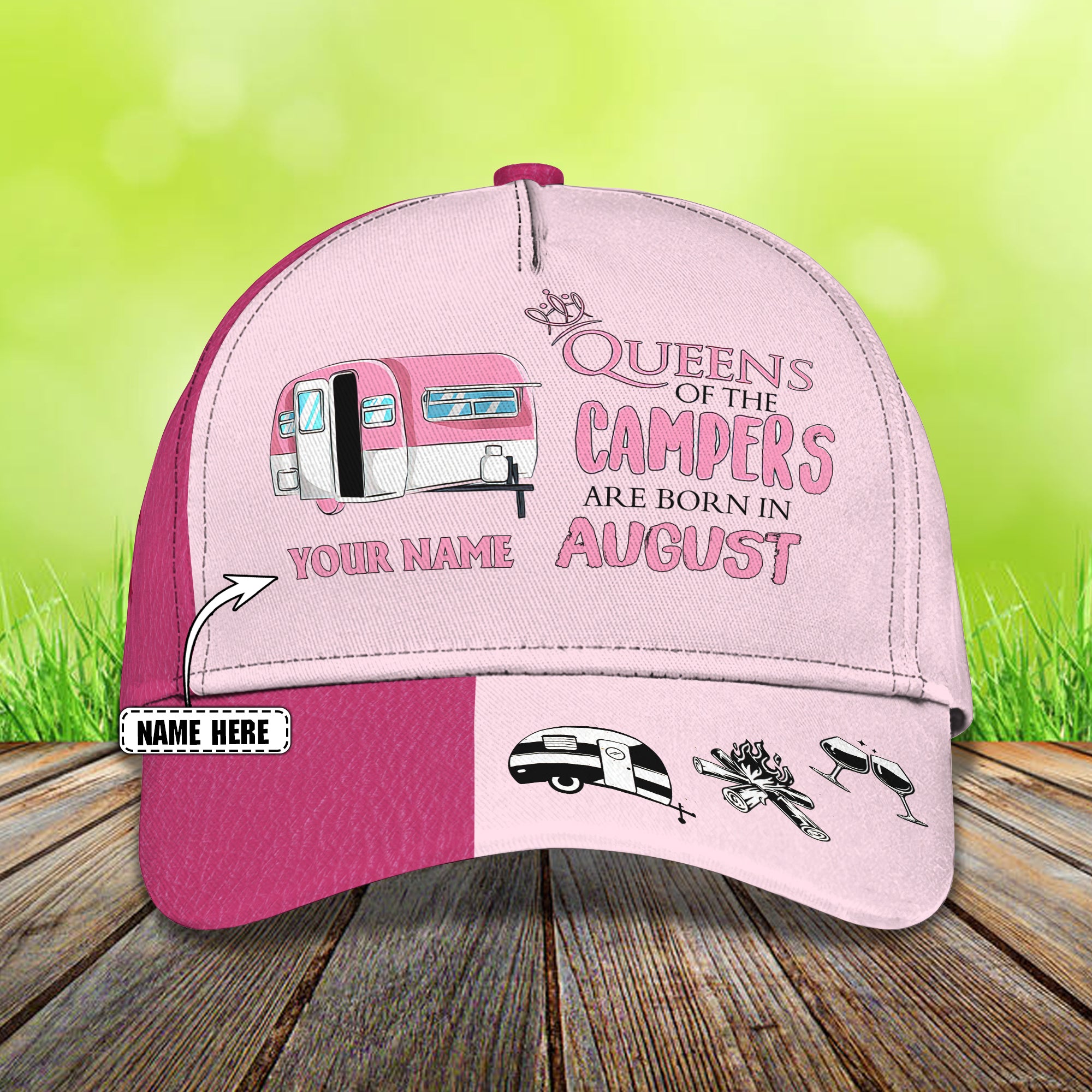 Queen Of The Campers (August)- Personalized Name Cap 15- Lta98
