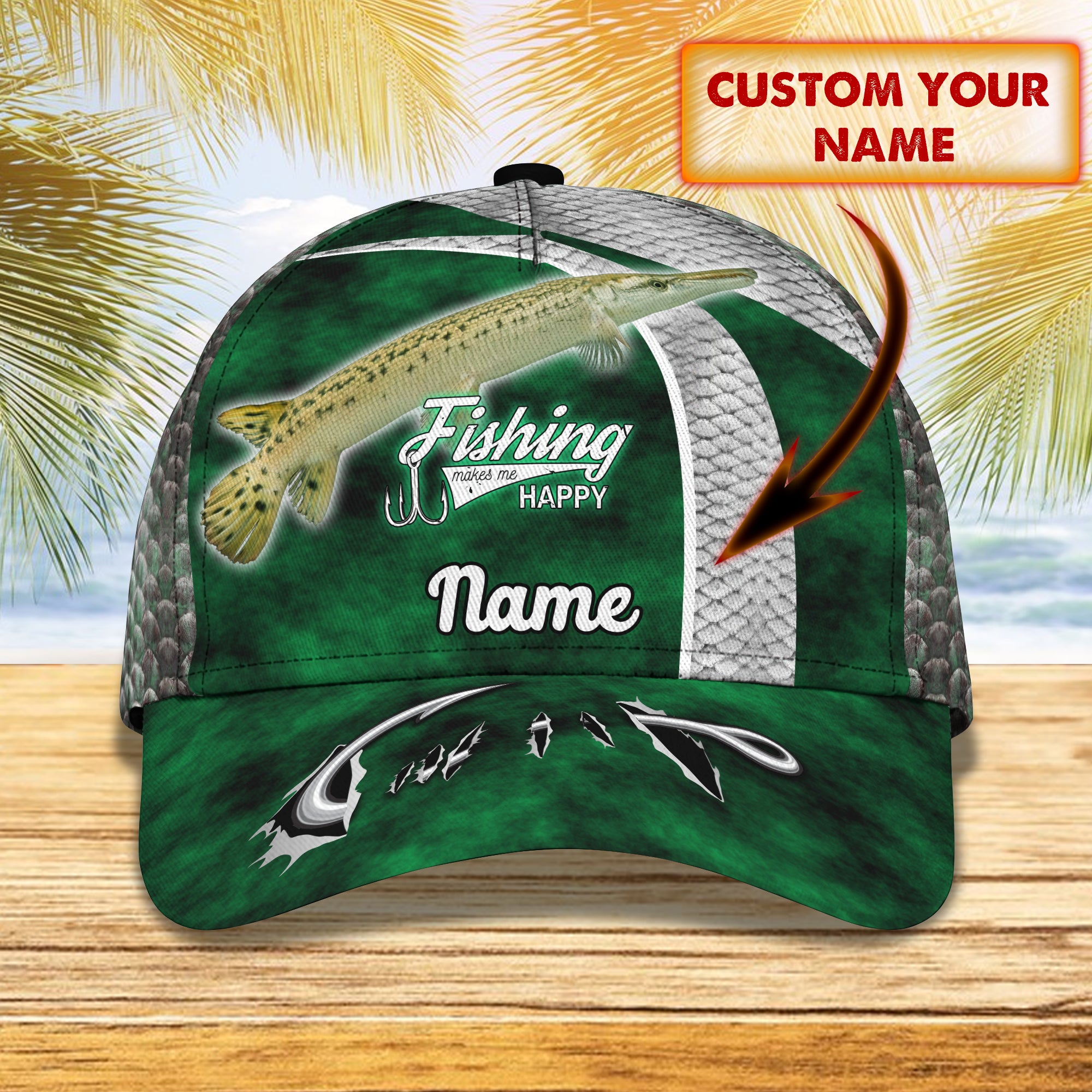 Gar Fishing (Green) - Personalize Name Cap  - Loop - Ntp-199