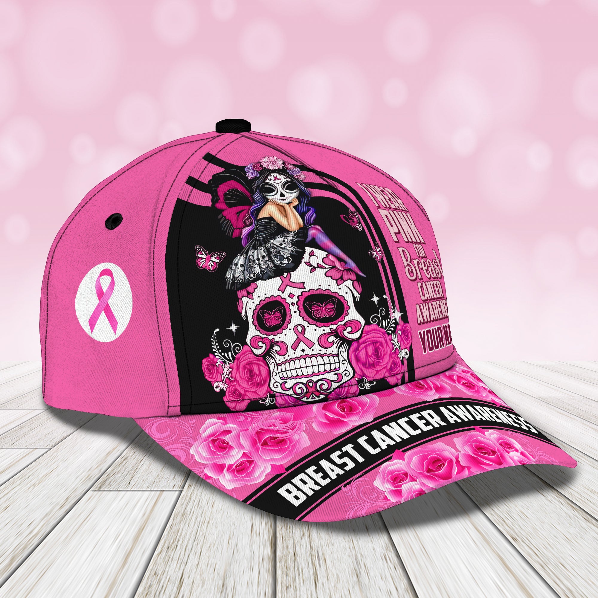 I Wear Pink For Breast Cancer Awareness- Personalized Name Cap - Loop- T2k-270