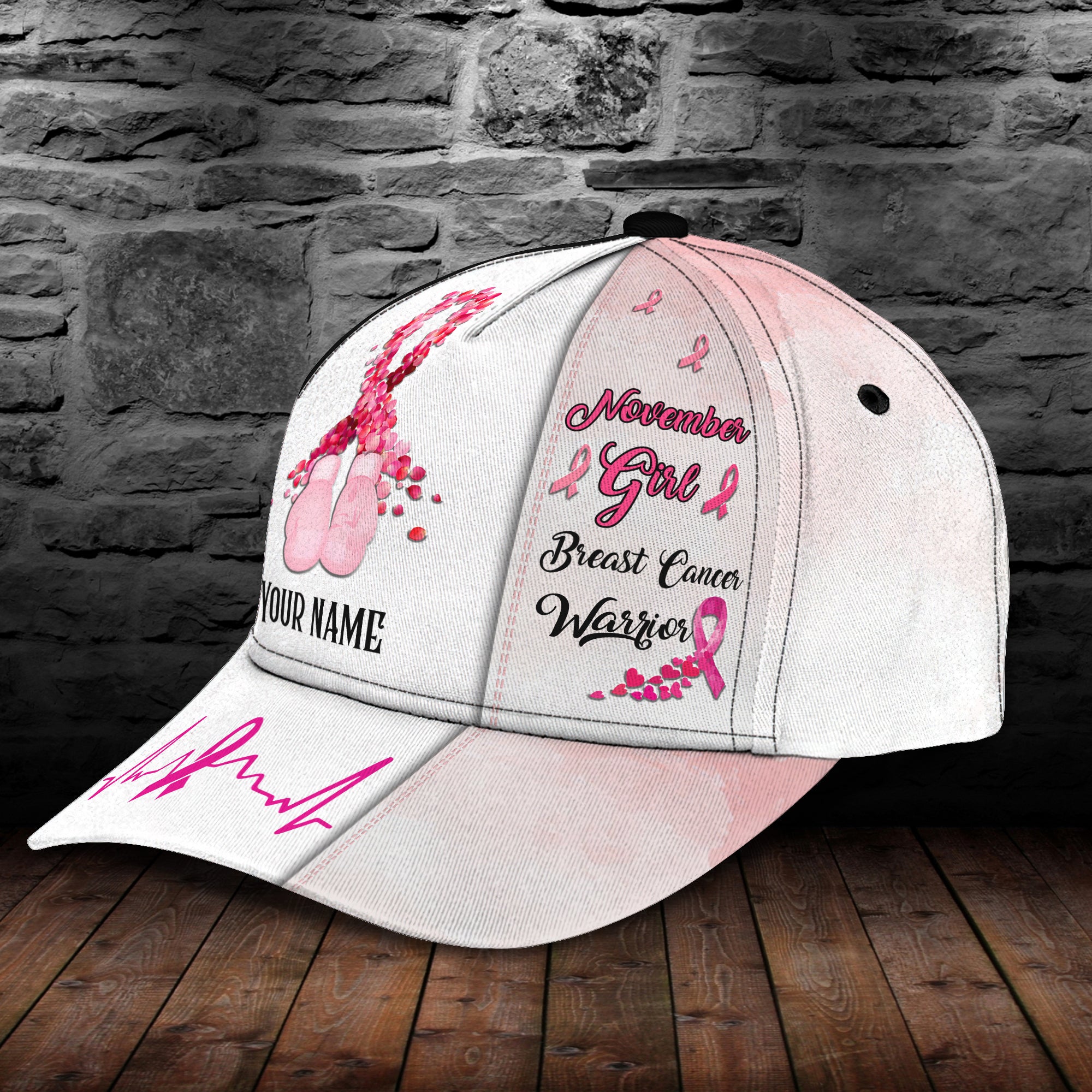 November Girl Breast Cancer Warrior - Personalized Name Cap - Nmd 32