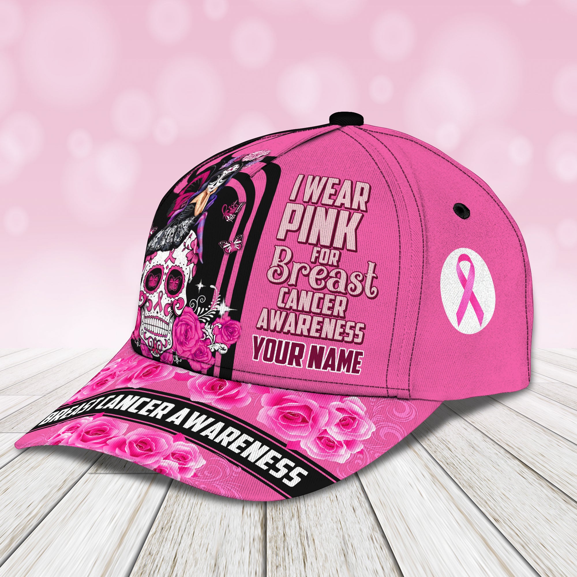 I Wear Pink For Breast Cancer Awareness- Personalized Name Cap - Loop- T2k-270