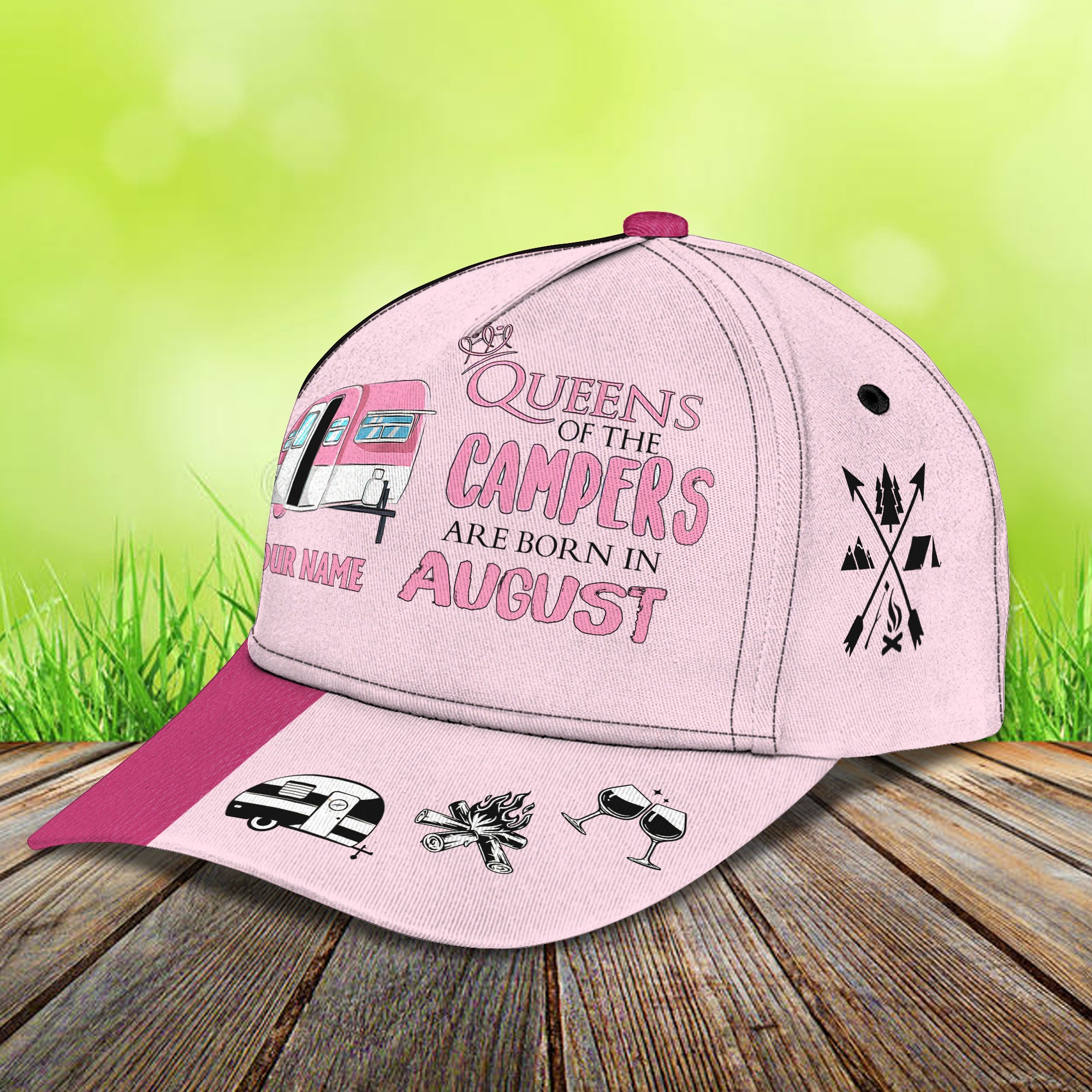 Queen Of The Campers (August)- Personalized Name Cap 15- Lta98