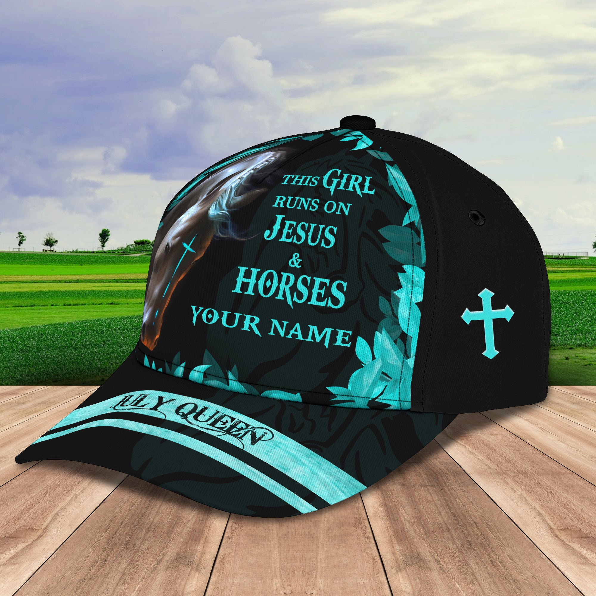 This Girl Runs On Jesus & Horses - July Queen - Personalized Name Cap 20 - Tad