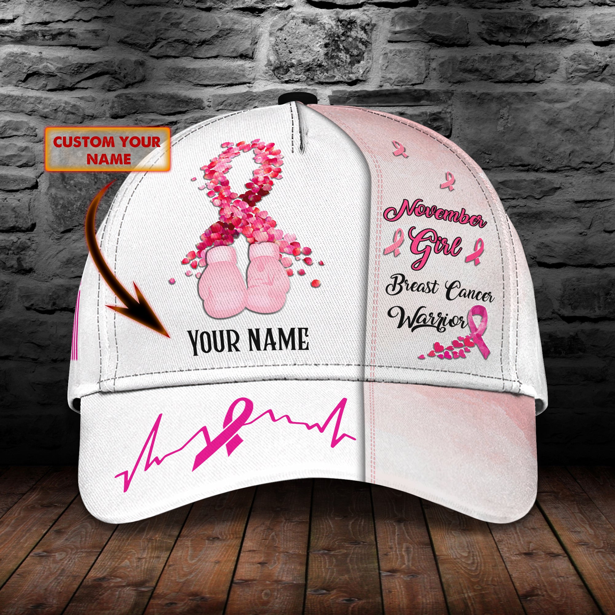 November Girl Breast Cancer Warrior - Personalized Name Cap - Nmd 32