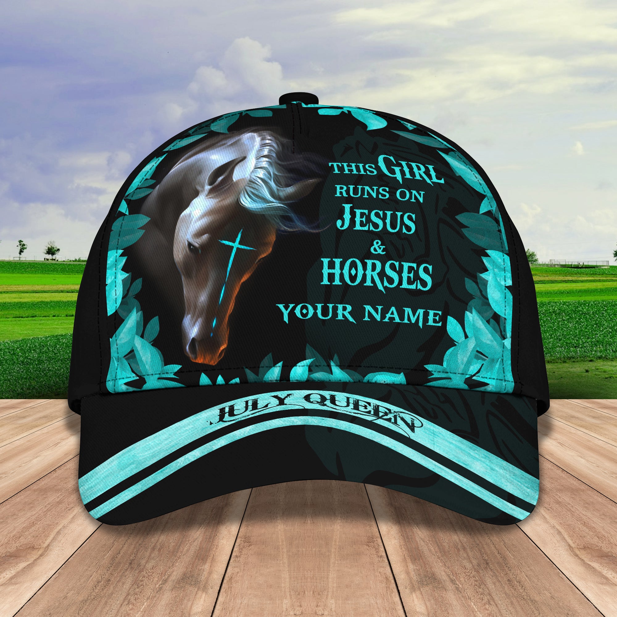 This Girl Runs On Jesus & Horses - July Queen - Personalized Name Cap