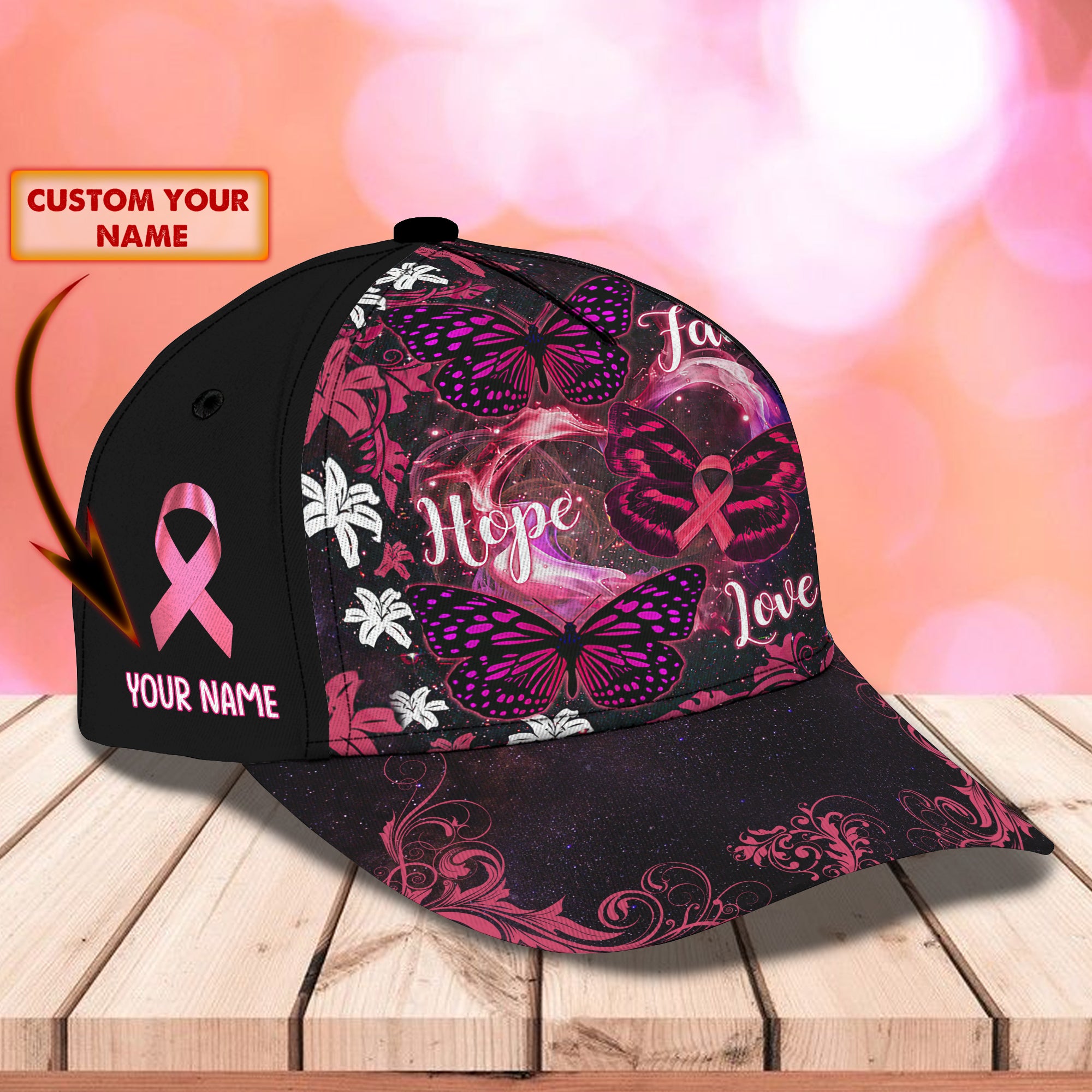 Breast Cancer Love Faith Hope - Personalized Name Cap - Hez98 09