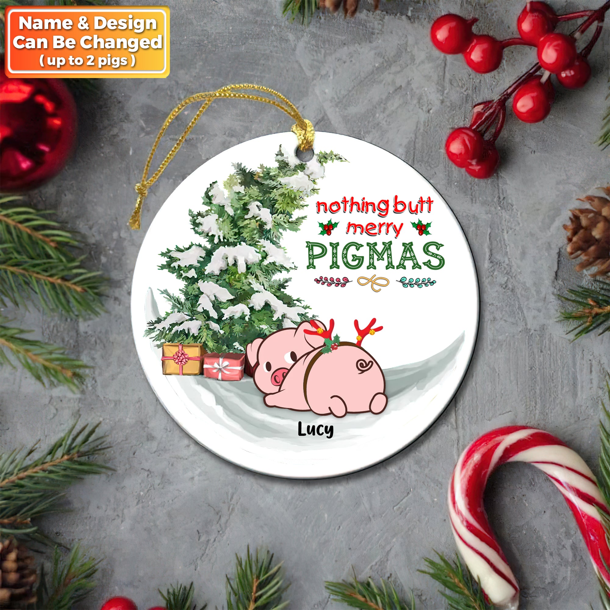 Merry Pigmas Pigs Personalized Circle Ornament - Merry Christmas