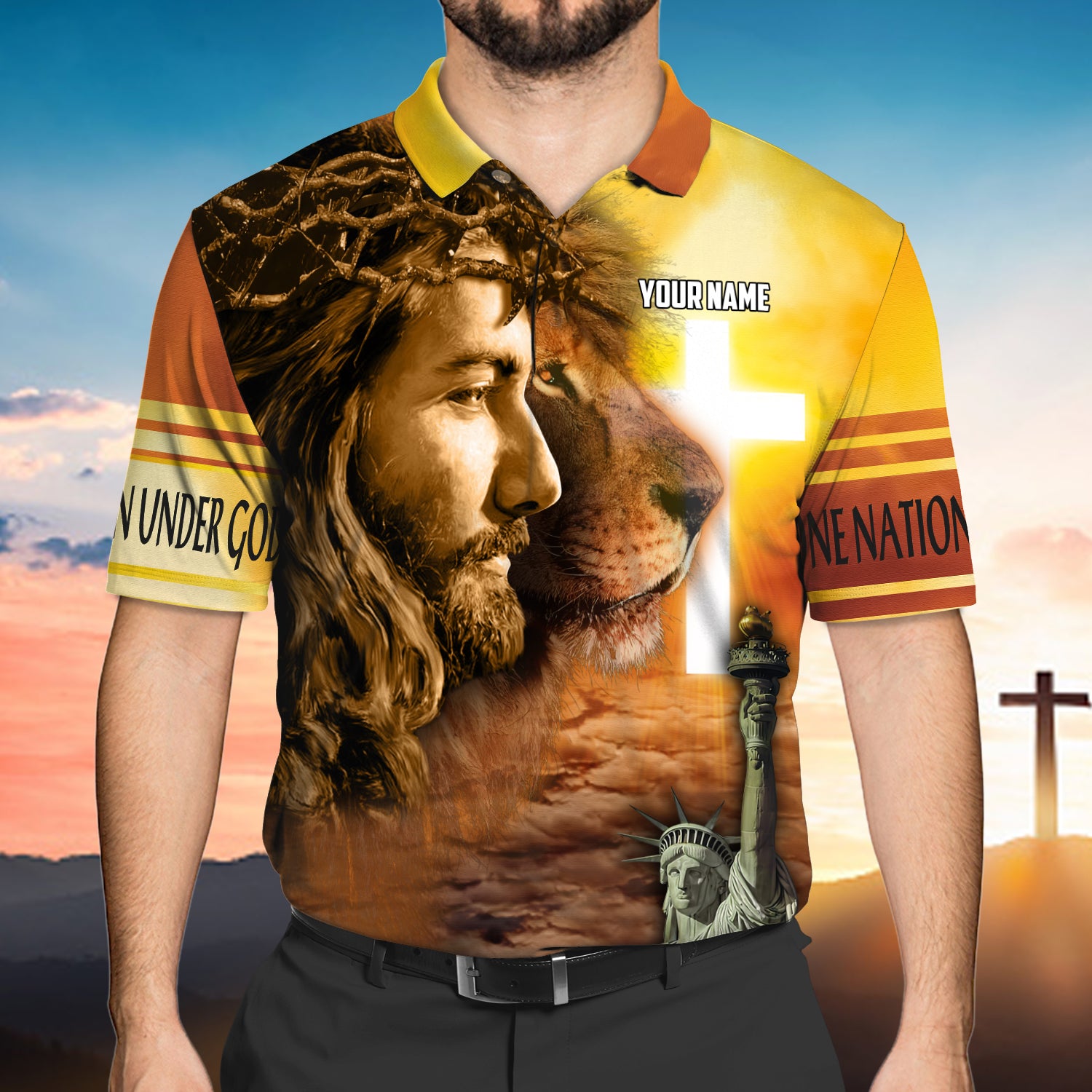 Customized Polo Shirt-One nation under god-HTV