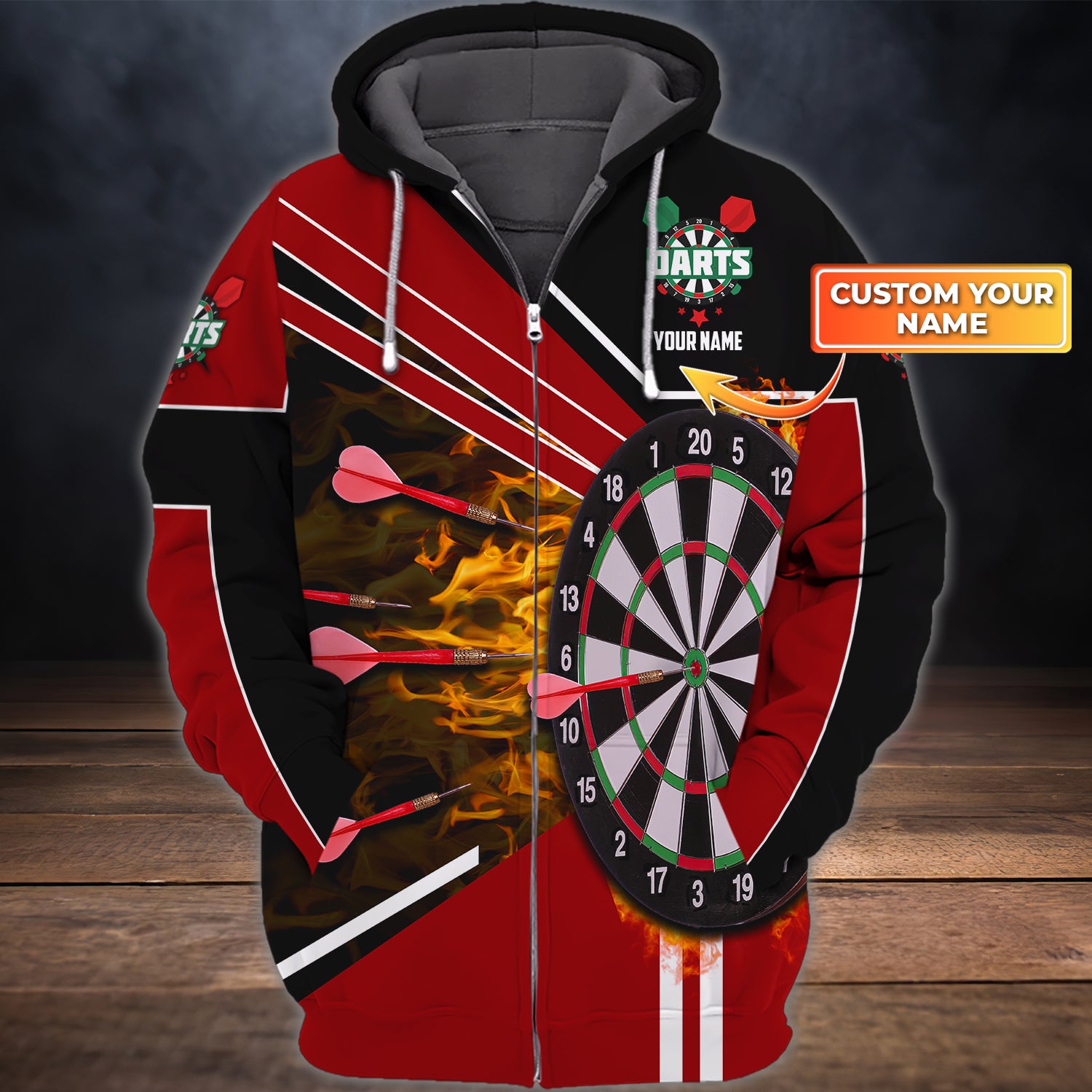 Darts Board Goal - Personalized Name 3D Zipper Hoodie