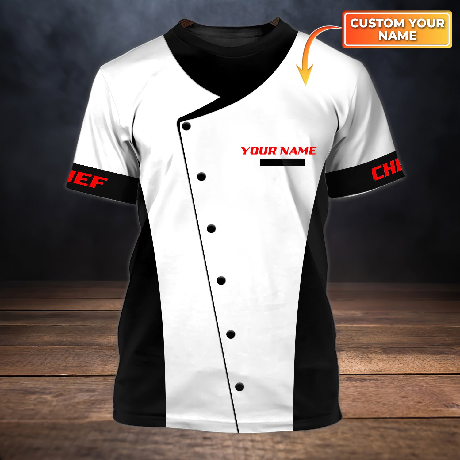 Chef, Cook, Personalized Name 3D Tshirt 1224.1.1, HTA (White Ver, Red Text)