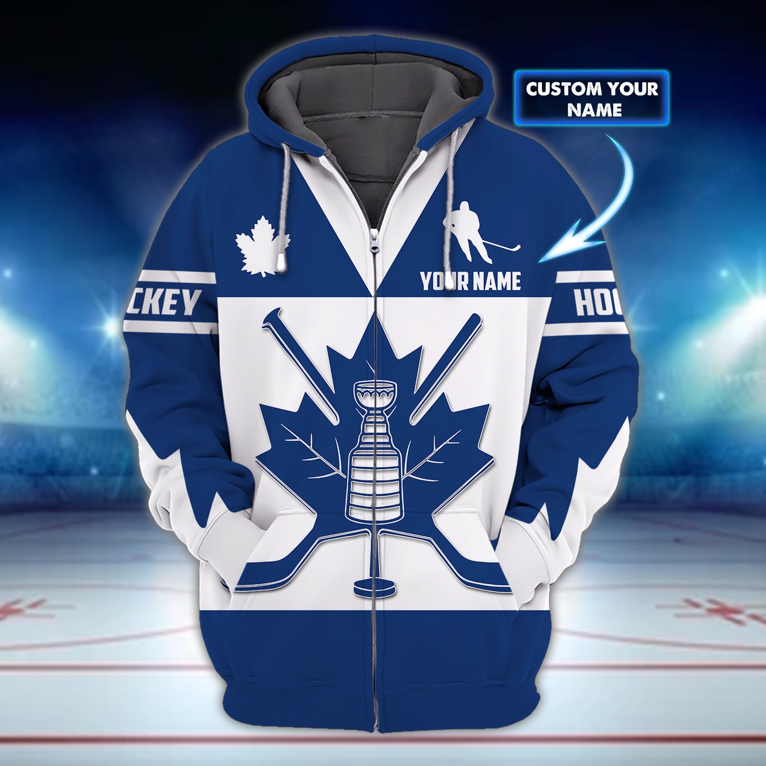 Canada Hockey Maple Leaf - 3D Zipper Hoodie  - Personalized Name - 002