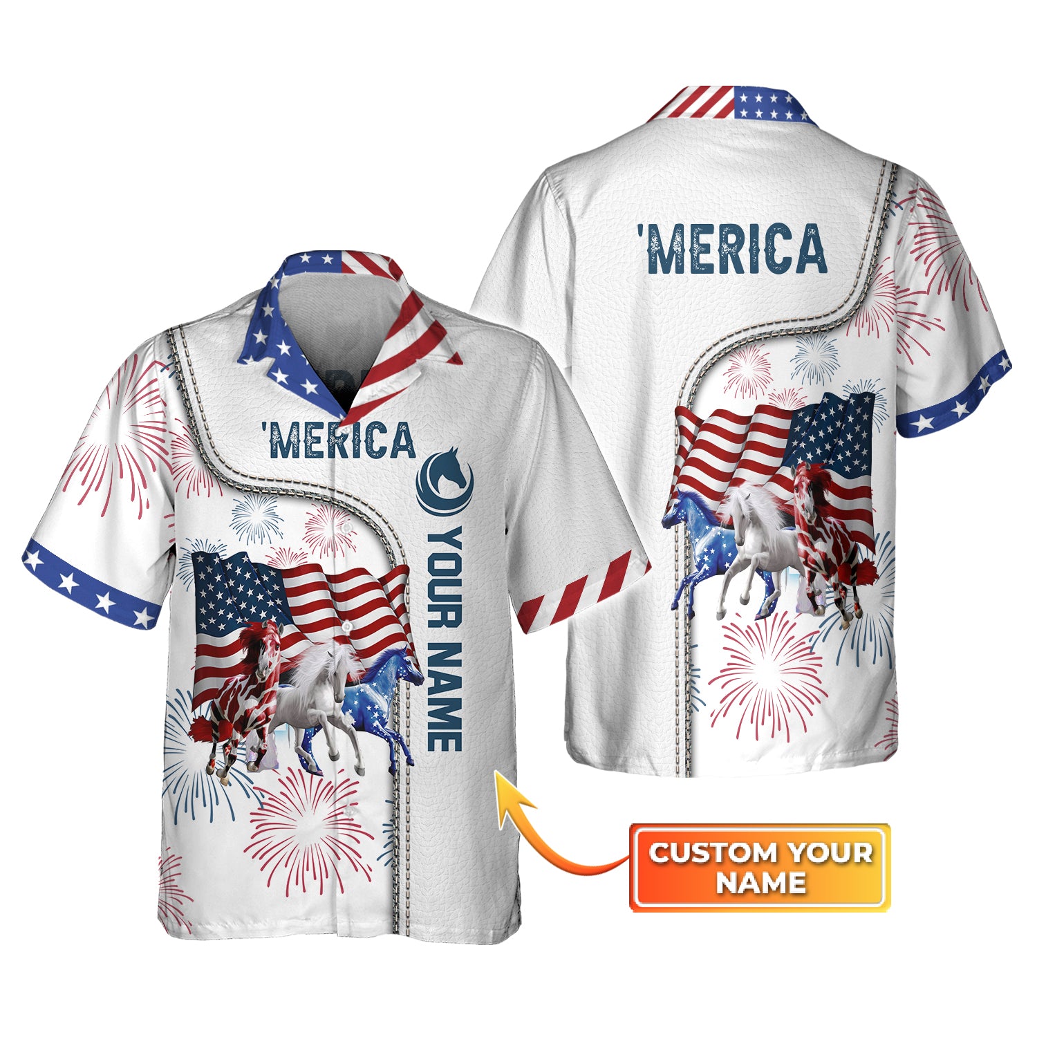 'Merica, Horse, Personalized Name 3D Hawaiian Shirt -Hdmt
