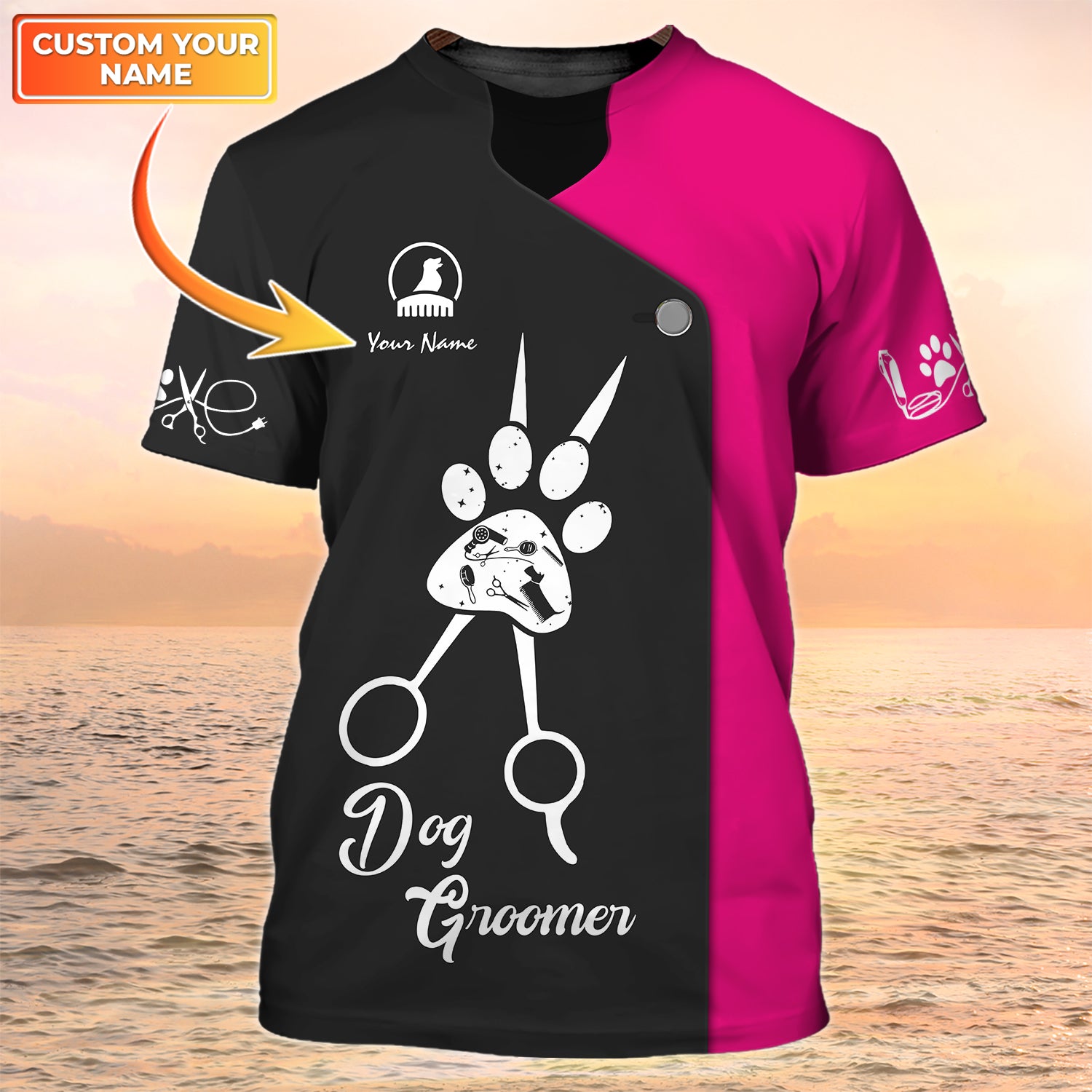 Dog Groomer Pesonalized Shirt Grooming Uniform Black Pink [Non Workwear]