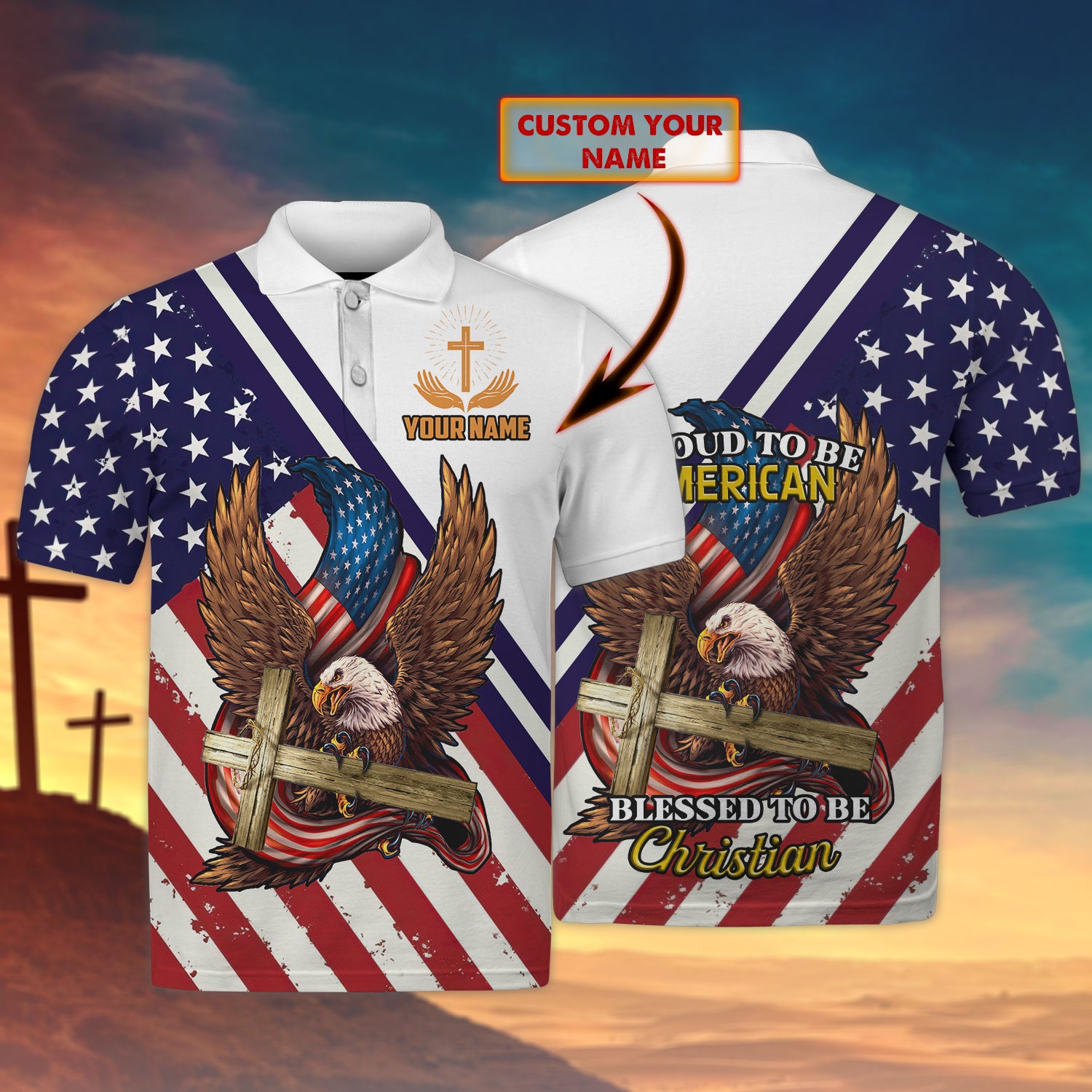 Customized Polo shirt-Eagle-Proud To Be American-Blessed To Be Christian-HTV