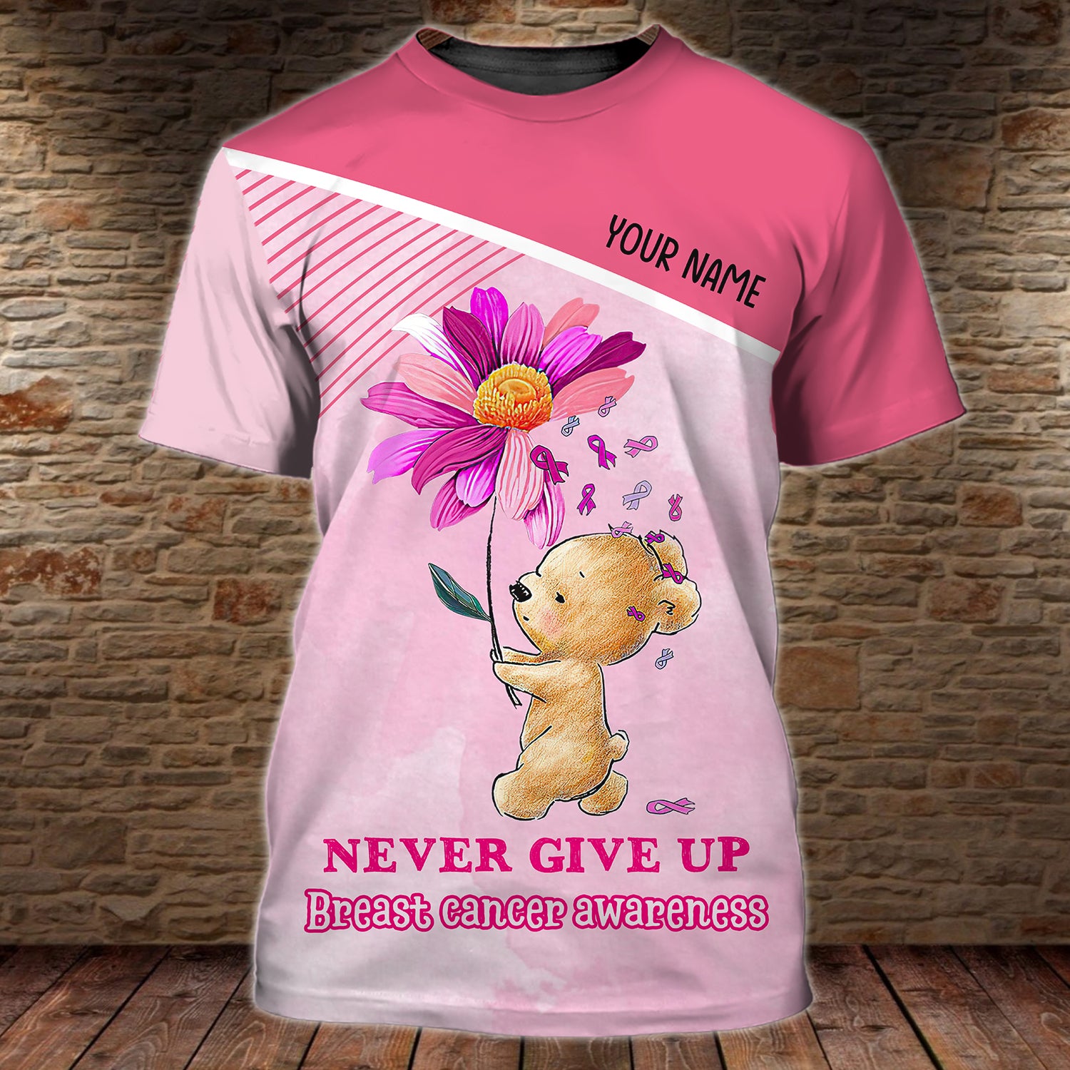 Bear Breast Cancer - Personalized Name 3D Tshirt - QB95