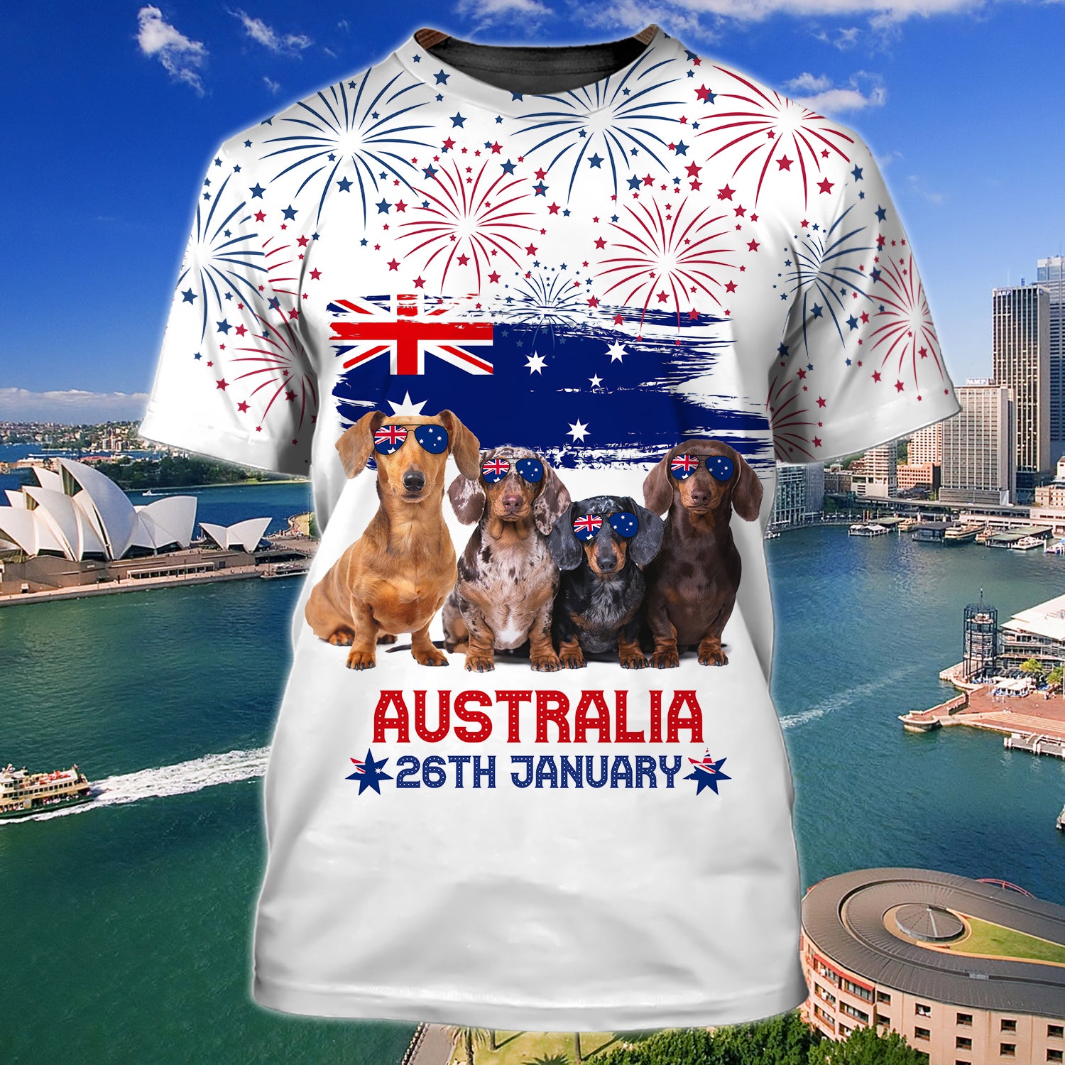 Dachshund, Happy Australia Day - 3D Tshirt - Tad 315