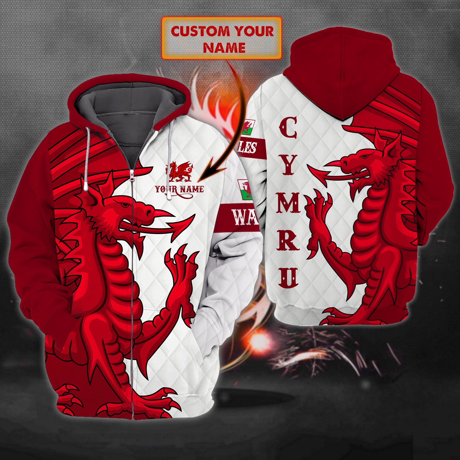 Wales - Personalized Name 3D Zipper Hoodie 01