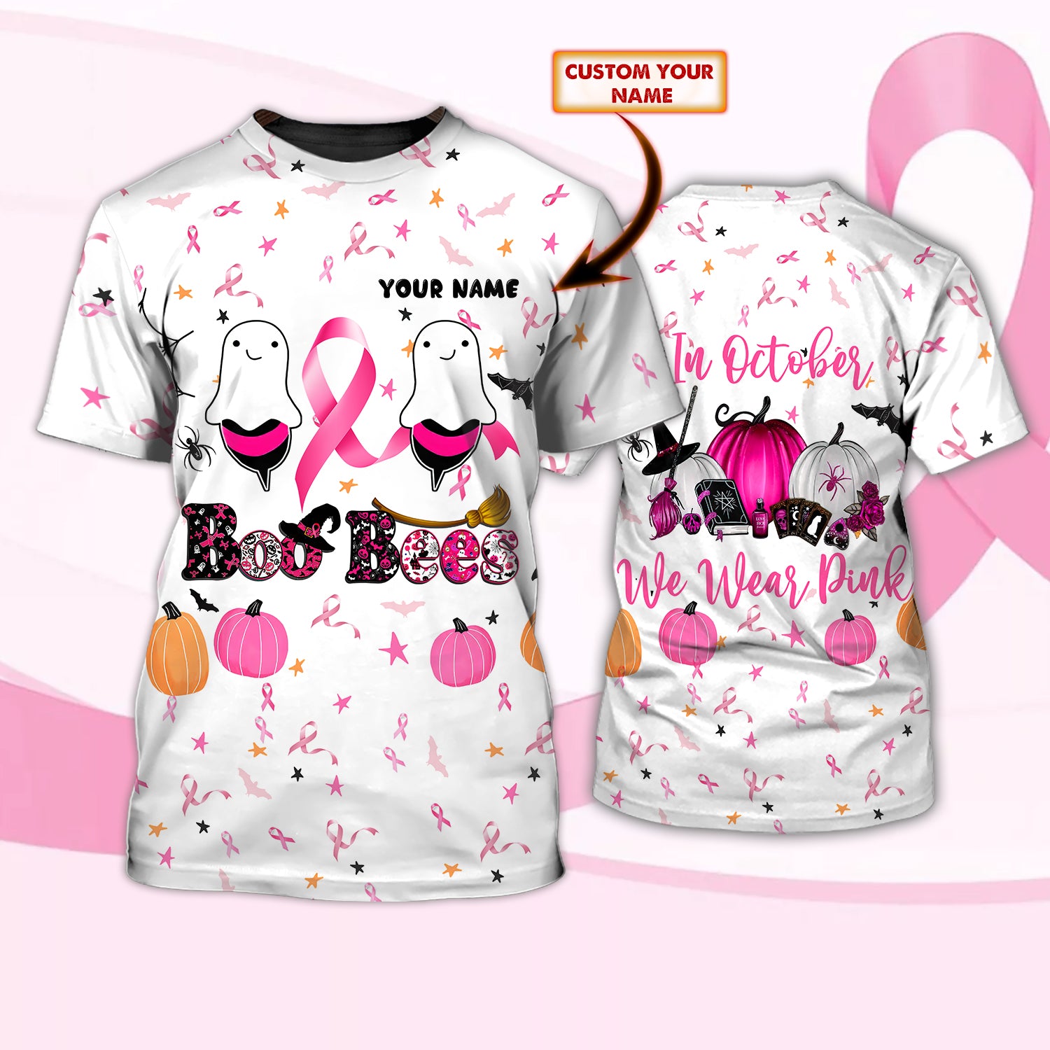 Breast Cancer Awareness - Boo Bees - Personalized Name 3D T Shirt - Hdmt