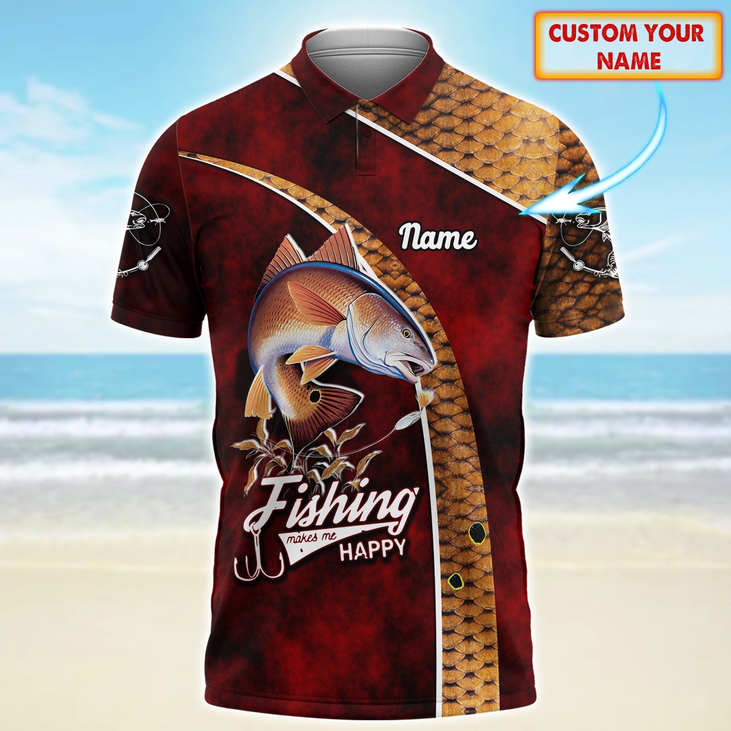 Redfish Fishing Make Me Happy - Personalized Name 3D Polo Shirt - QB95