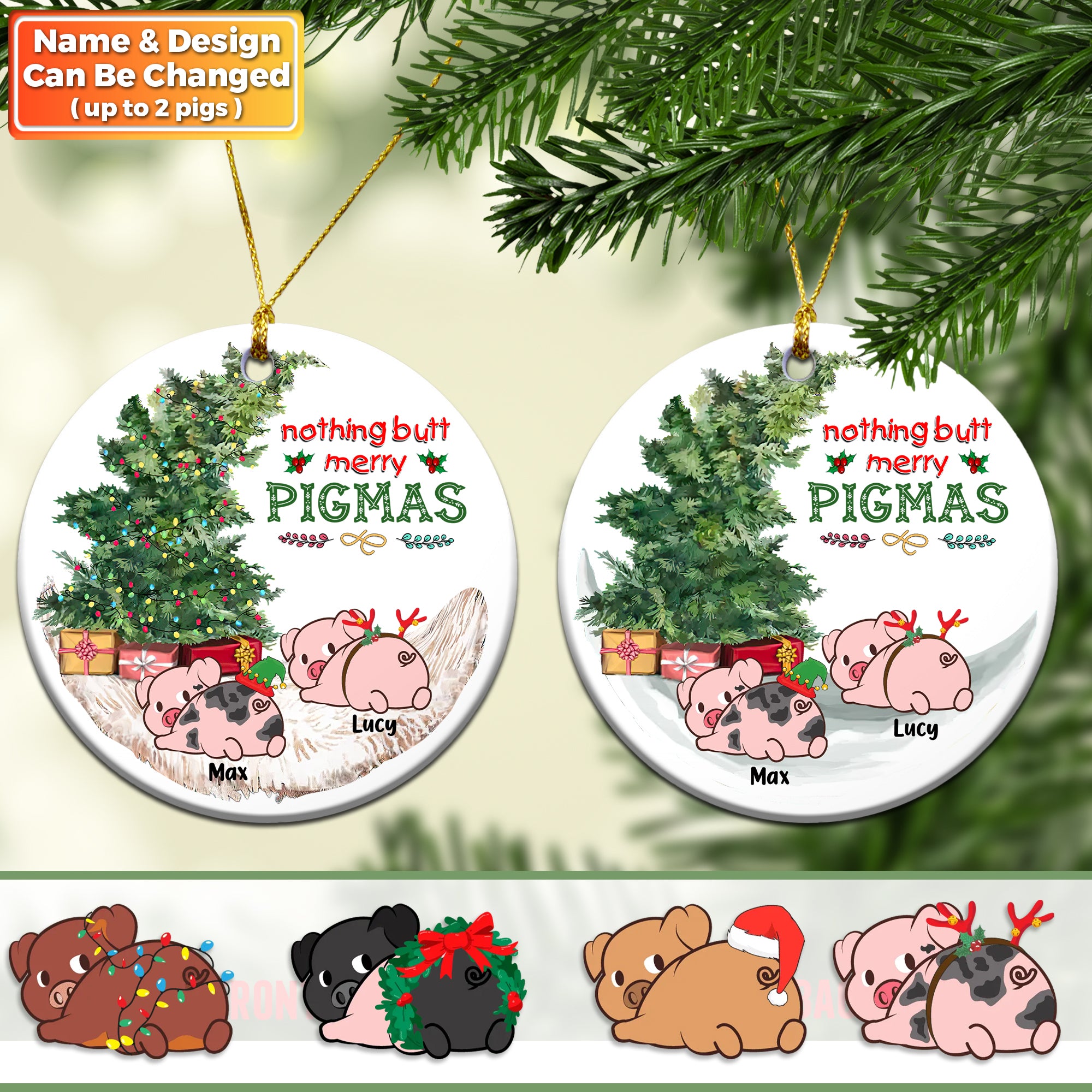 Merry Pigmas Pigs Personalized Circle Ornament - Merry Christmas