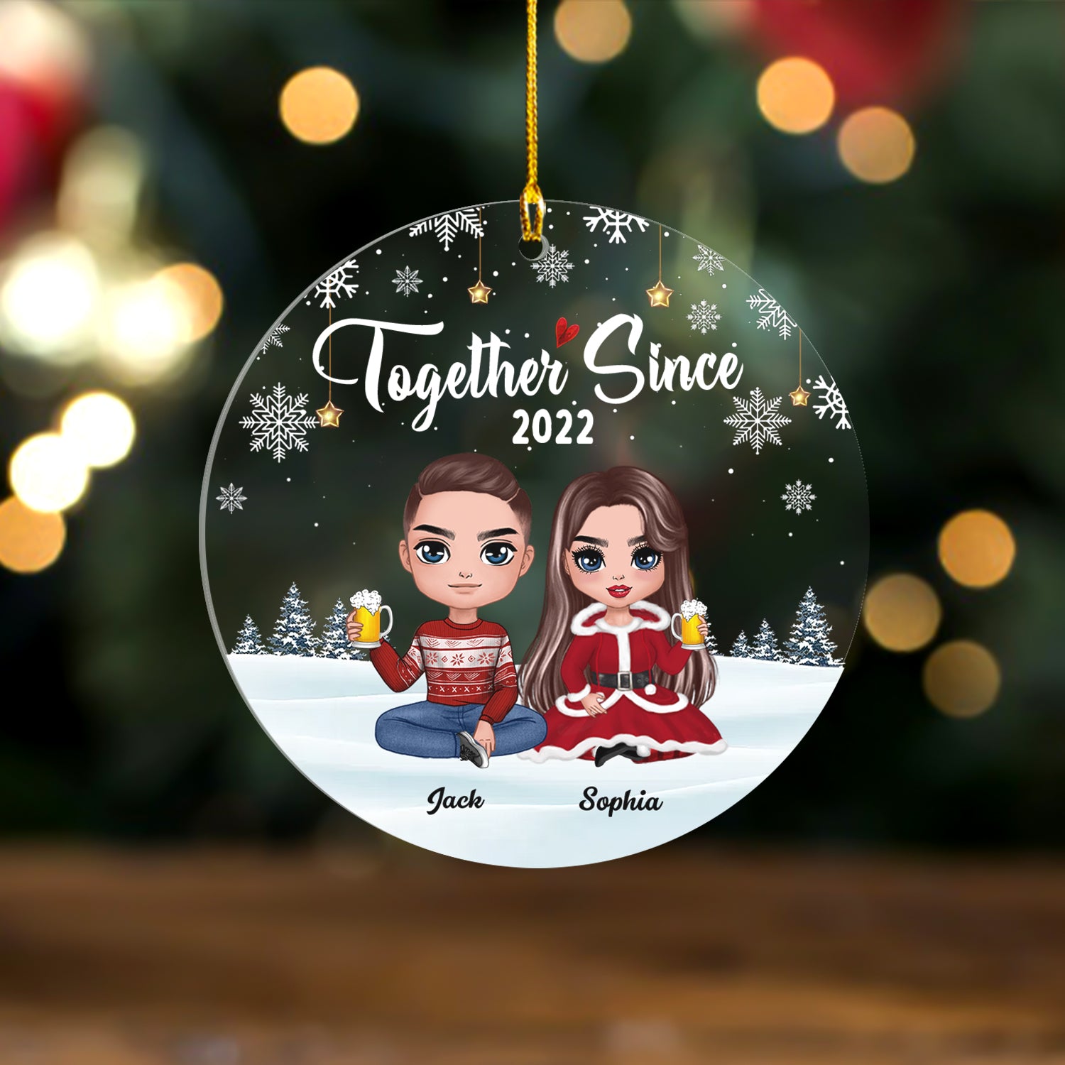 Doll Couple Sitting Christmas Gift For Him For Her Personalized Clear Circle Ornament
