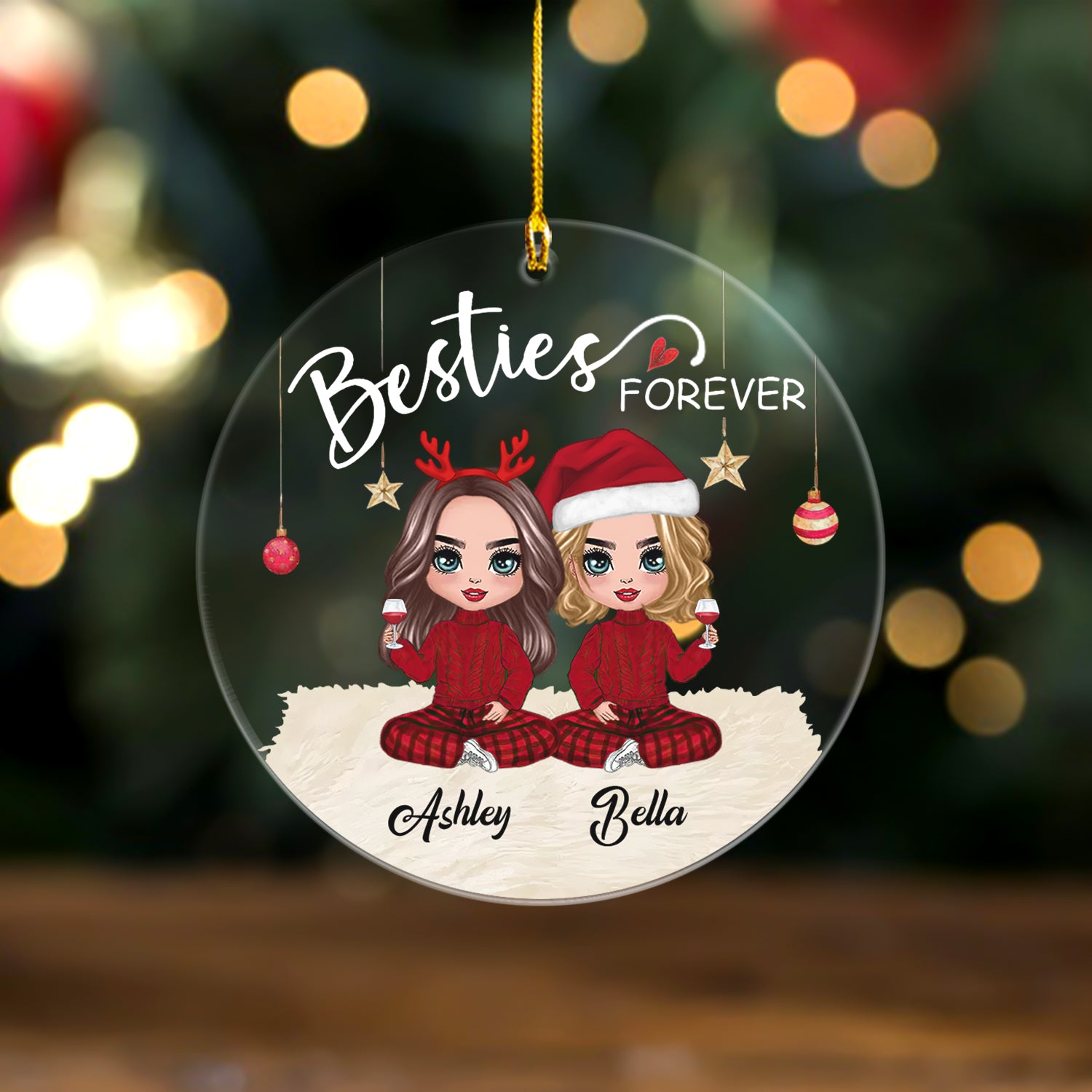Doll Besties Christmas Checkered Pants Personalized Clear Circle Ornament