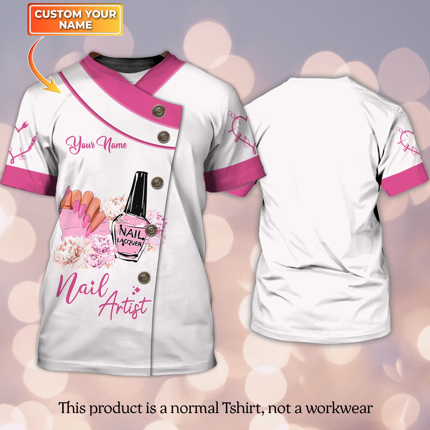 Nails Artist Pink Personalized 3D Tshirt Manicurist Gift Custom Name Tad (Non Workwear)