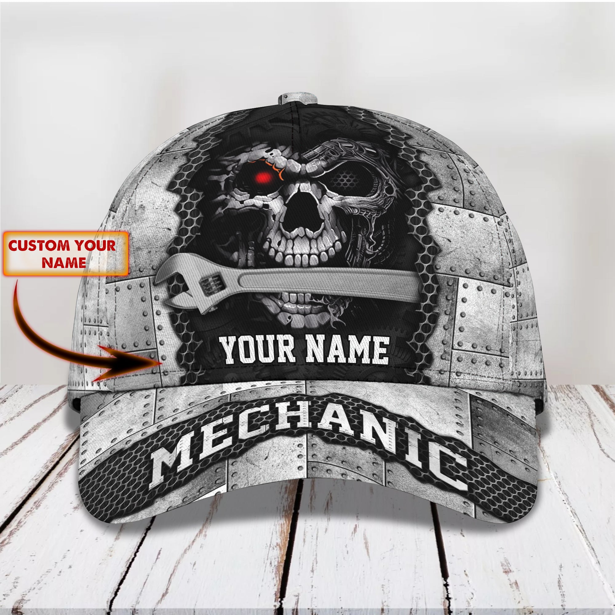 Mechanic Skull Net Silver - Personalized Name Cap -Pth98