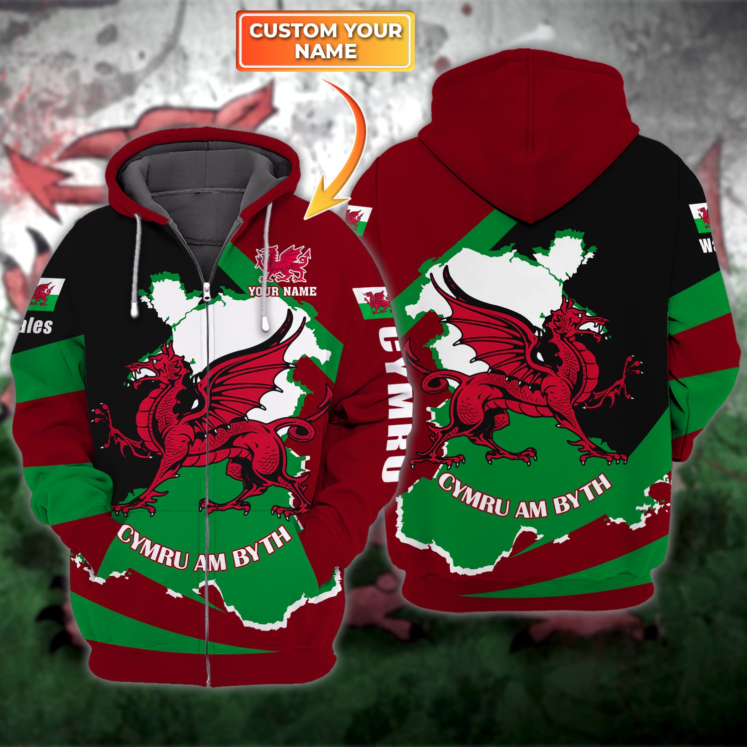 Welsh Map - Welsh Dragon - Personalized Name 3D Zipper Hoodie - 559