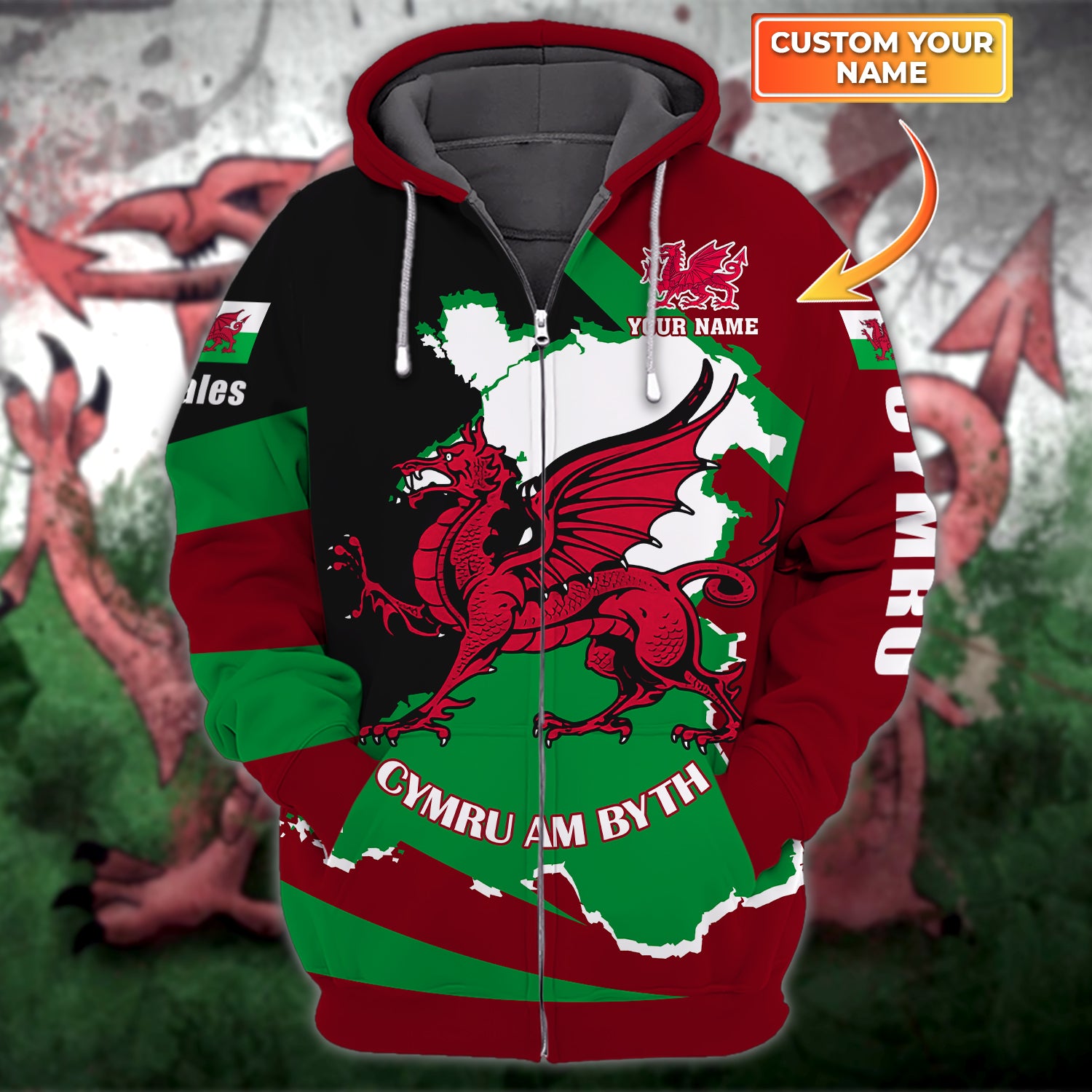Welsh Map - Welsh Dragon - Personalized Name 3D Zipper Hoodie - 559