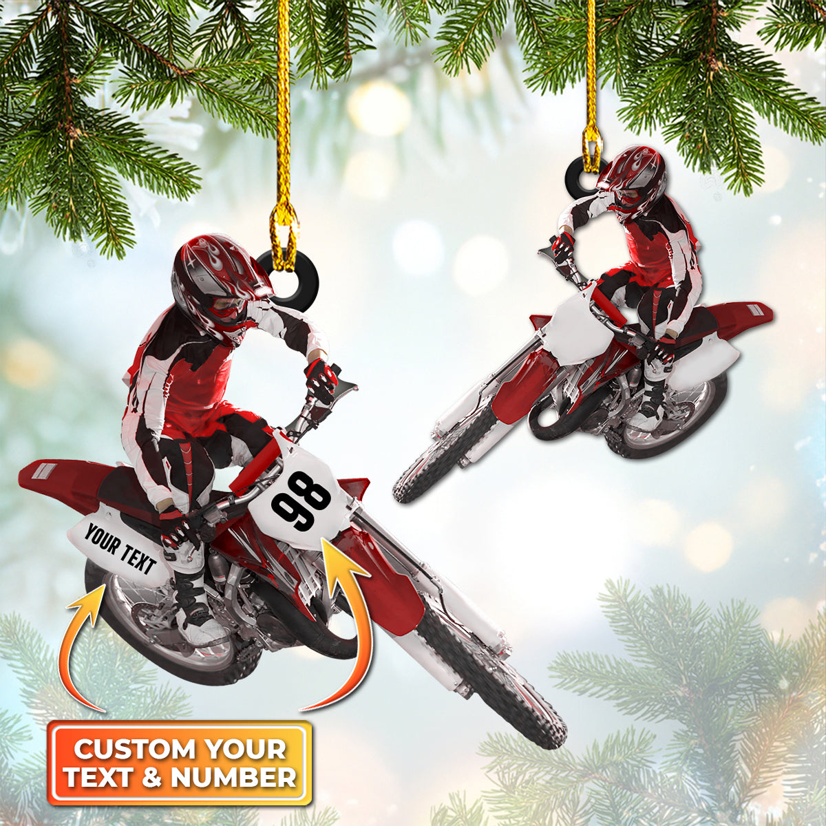 Motocross, Biker, Custom Shaped Ornament 02.1 (Red Set)