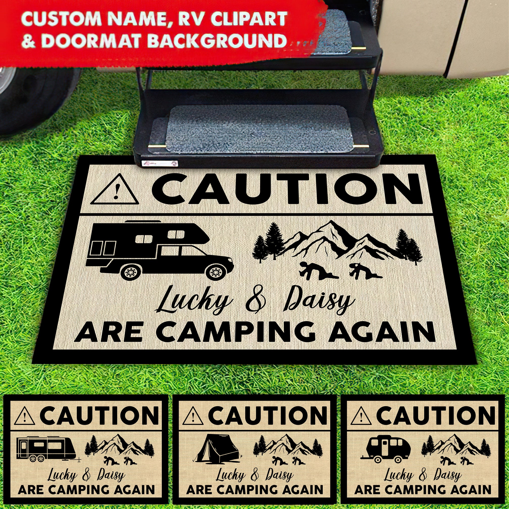 Camping Again Caution Custom RV Camping Doormat