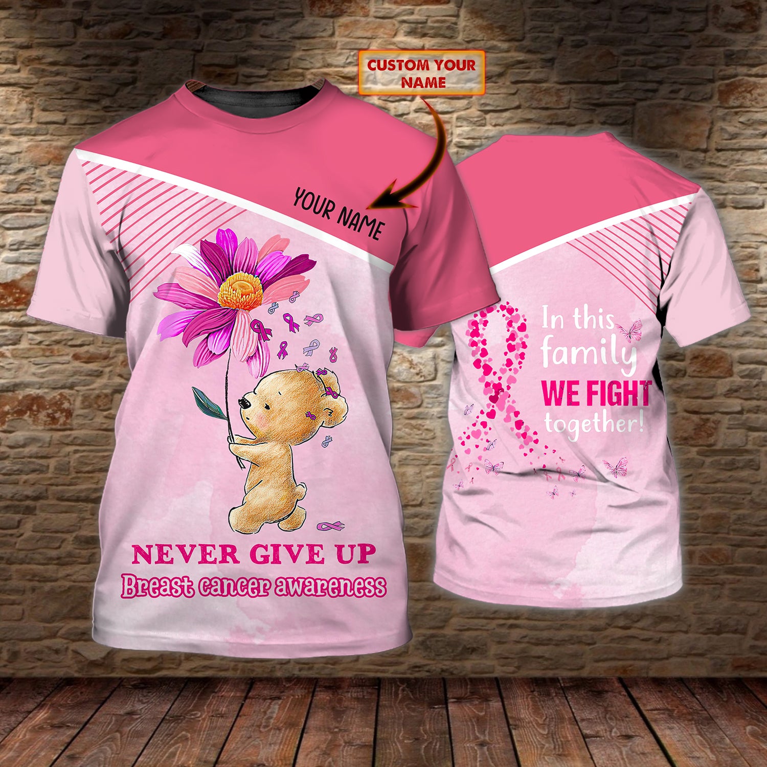 Bear Breast Cancer - Personalized Name 3D Tshirt - QB95