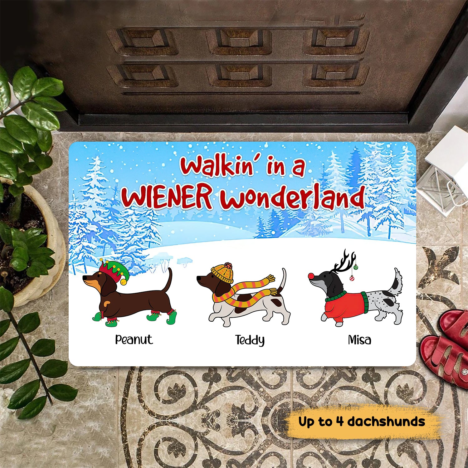 Wiener Wonderland Christmas Dachshund Dog Personalized Doormat
