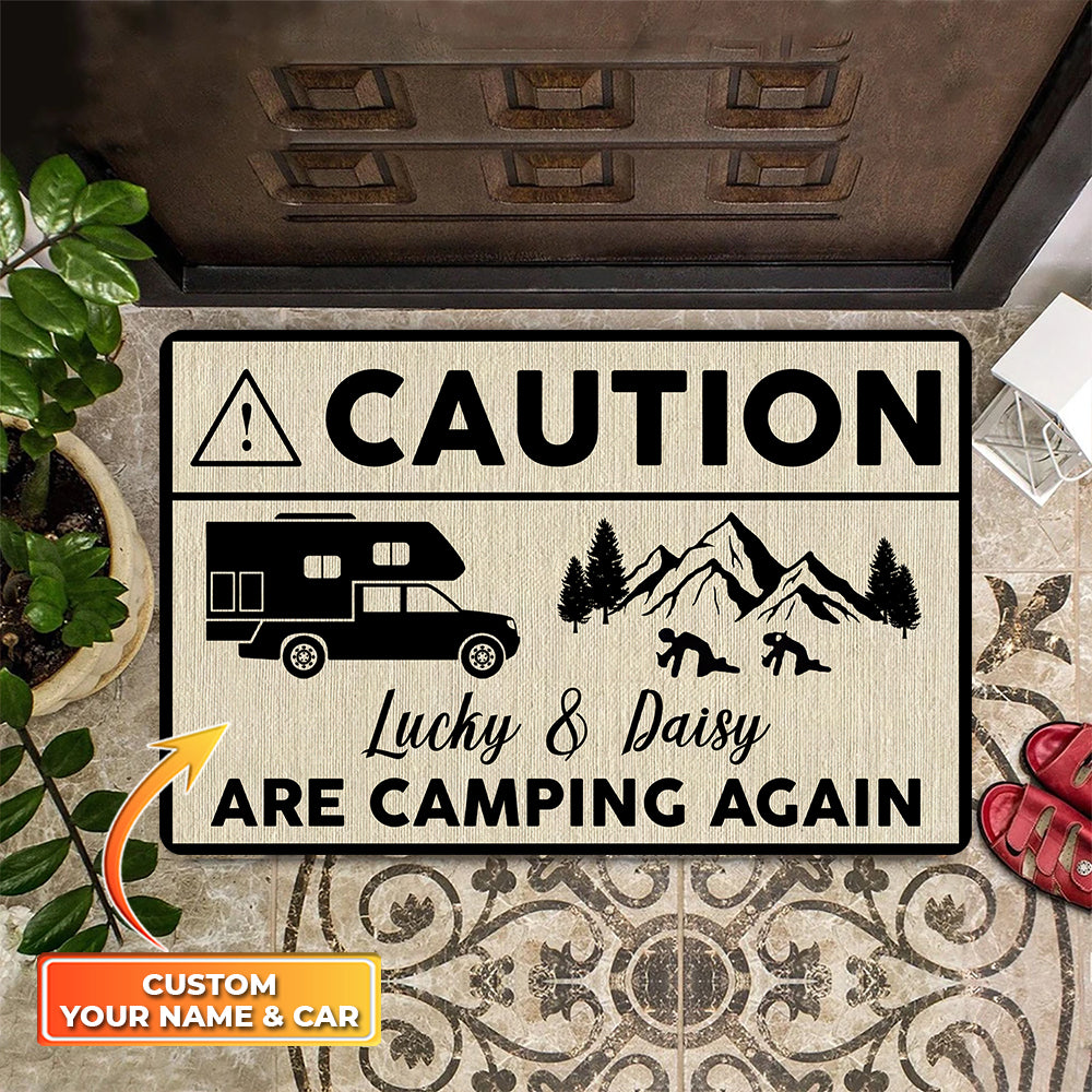 Camping Again Caution Custom RV Camping Doormat