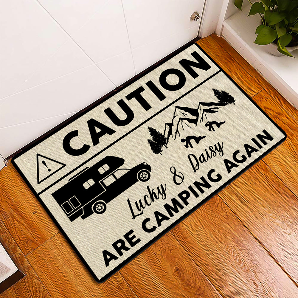 Camping Again Caution Custom RV Camping Doormat