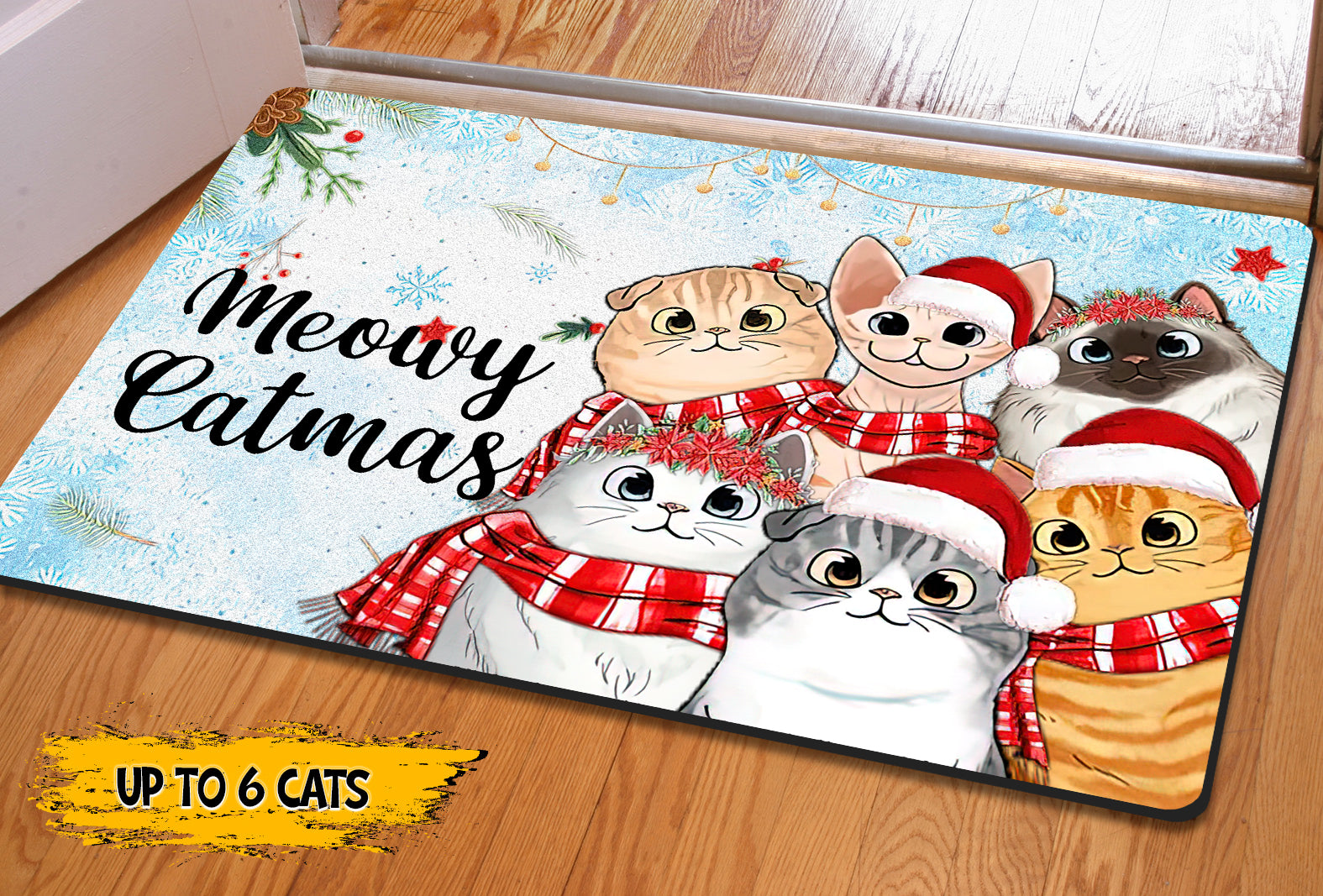 Meowy Catmas Cute Peeking Fluffy Cat Christmas Personalized Doormat