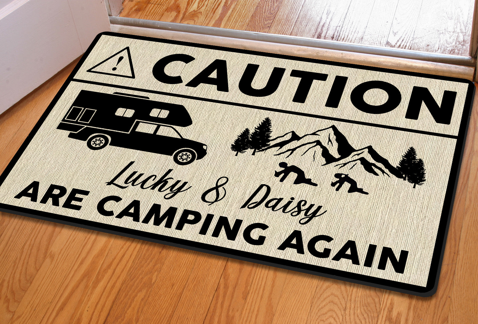 Camping Again Caution Custom RV Camping Doormat