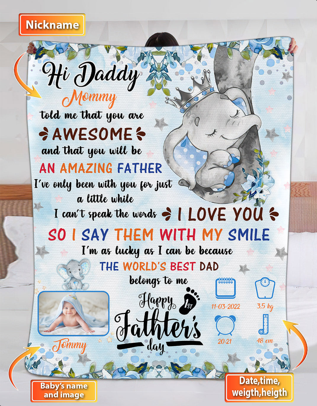 Elephant Happy 1st Father's day Personalized Fleece Blanket