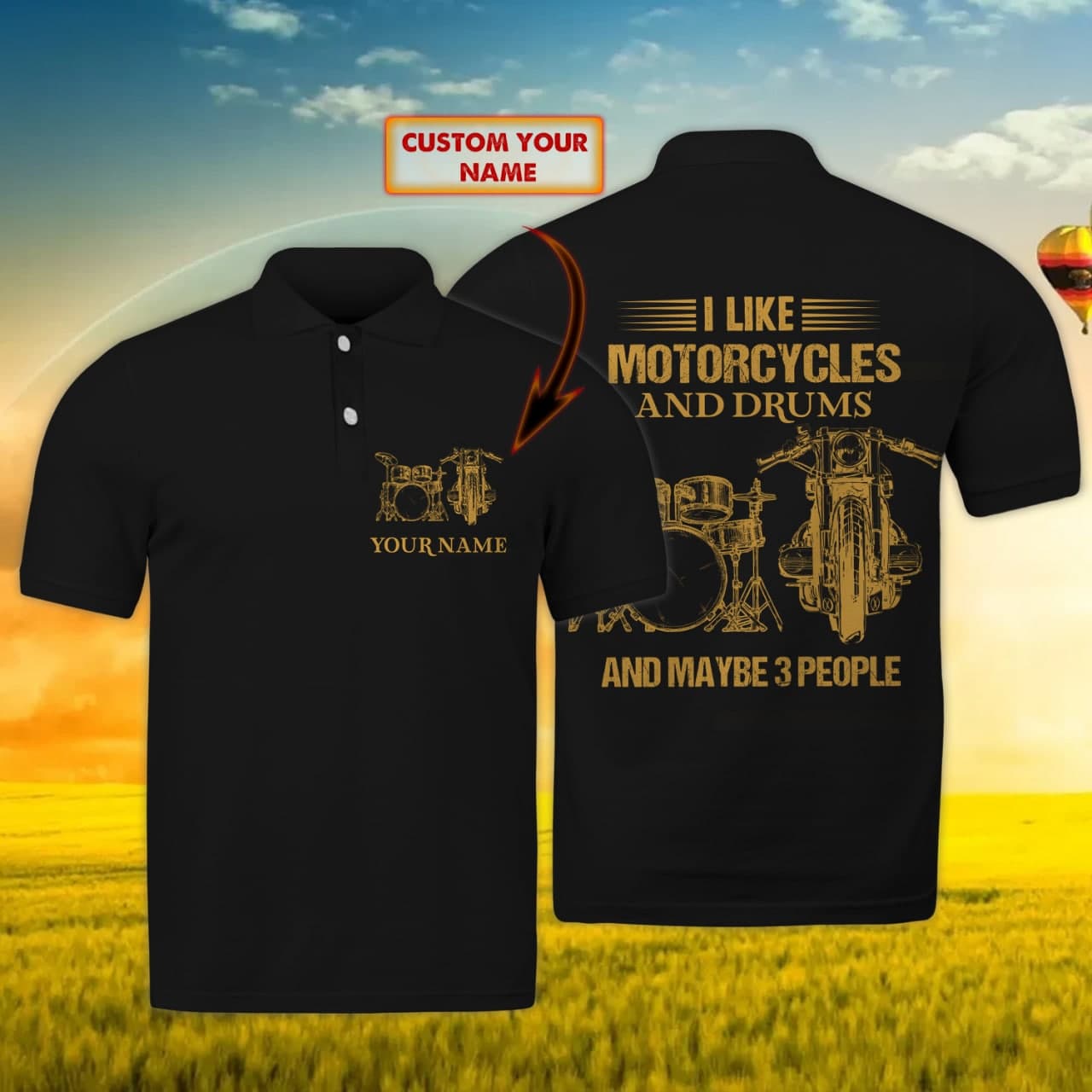 Motorcycles and drums- Personalized Name 3D Polo Shirt - Hdmt