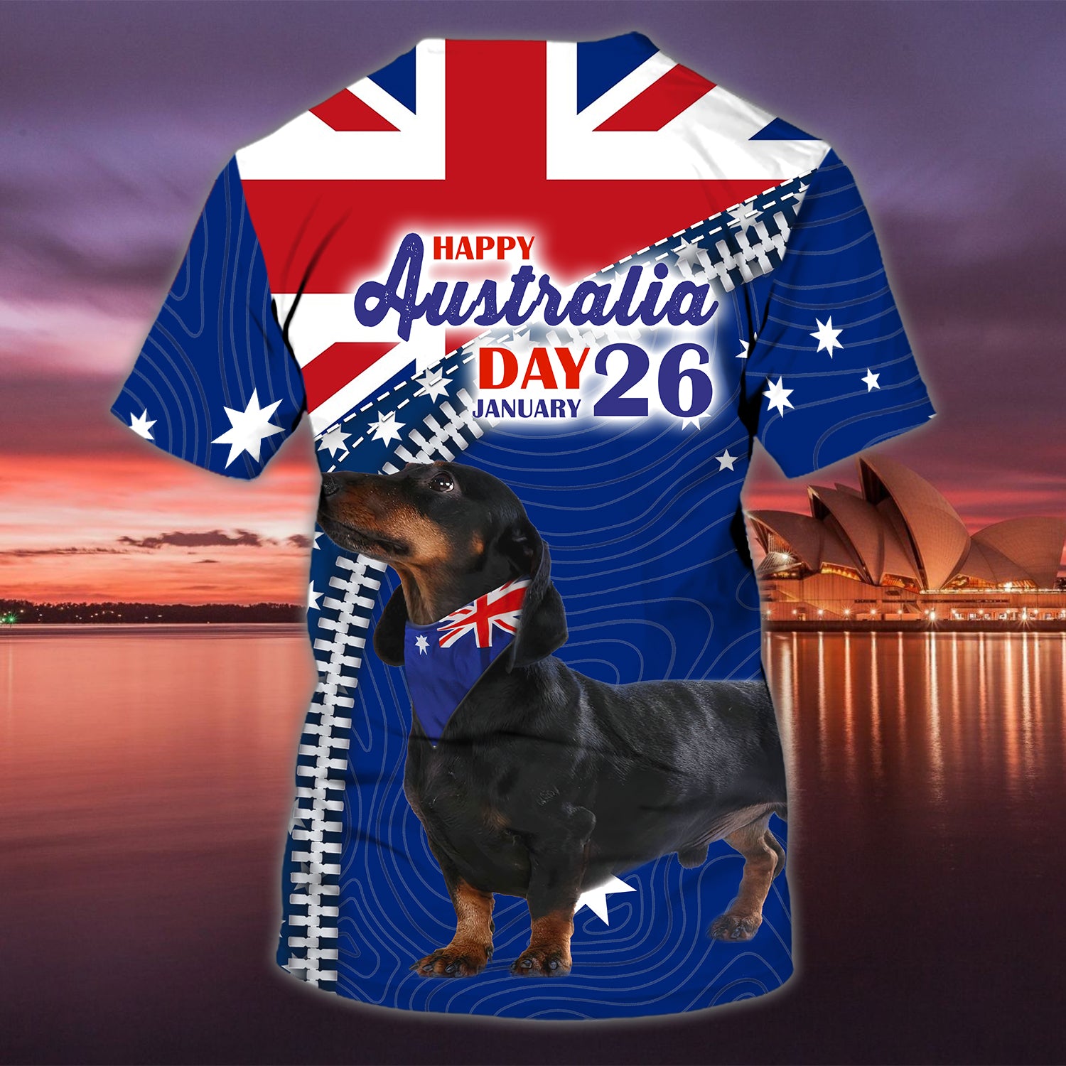 Dachshund. Happy Australia Day, 26 January - 3D Tshirt - Tad 328