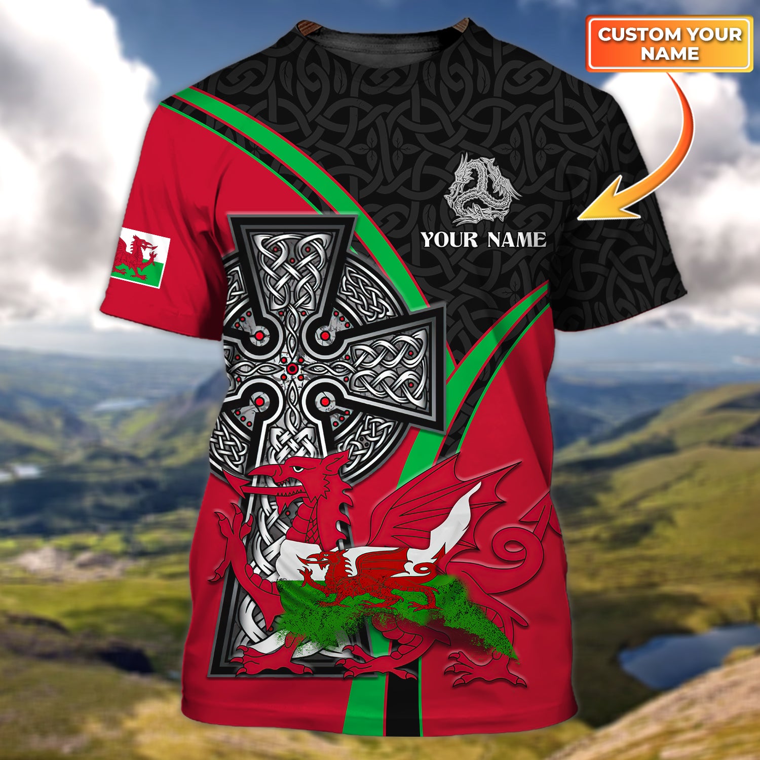 Wales Celtic Cross - Cymru - Personalized Name 3D Tshirt